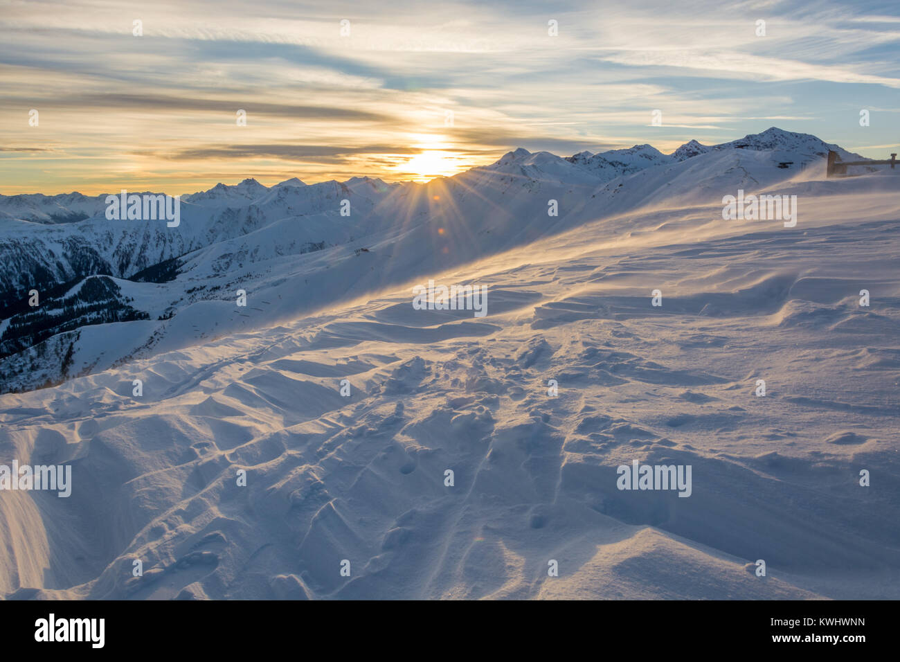 Sunset in ski resort Serfaus Fiss Ladis in Austria with snowy ...