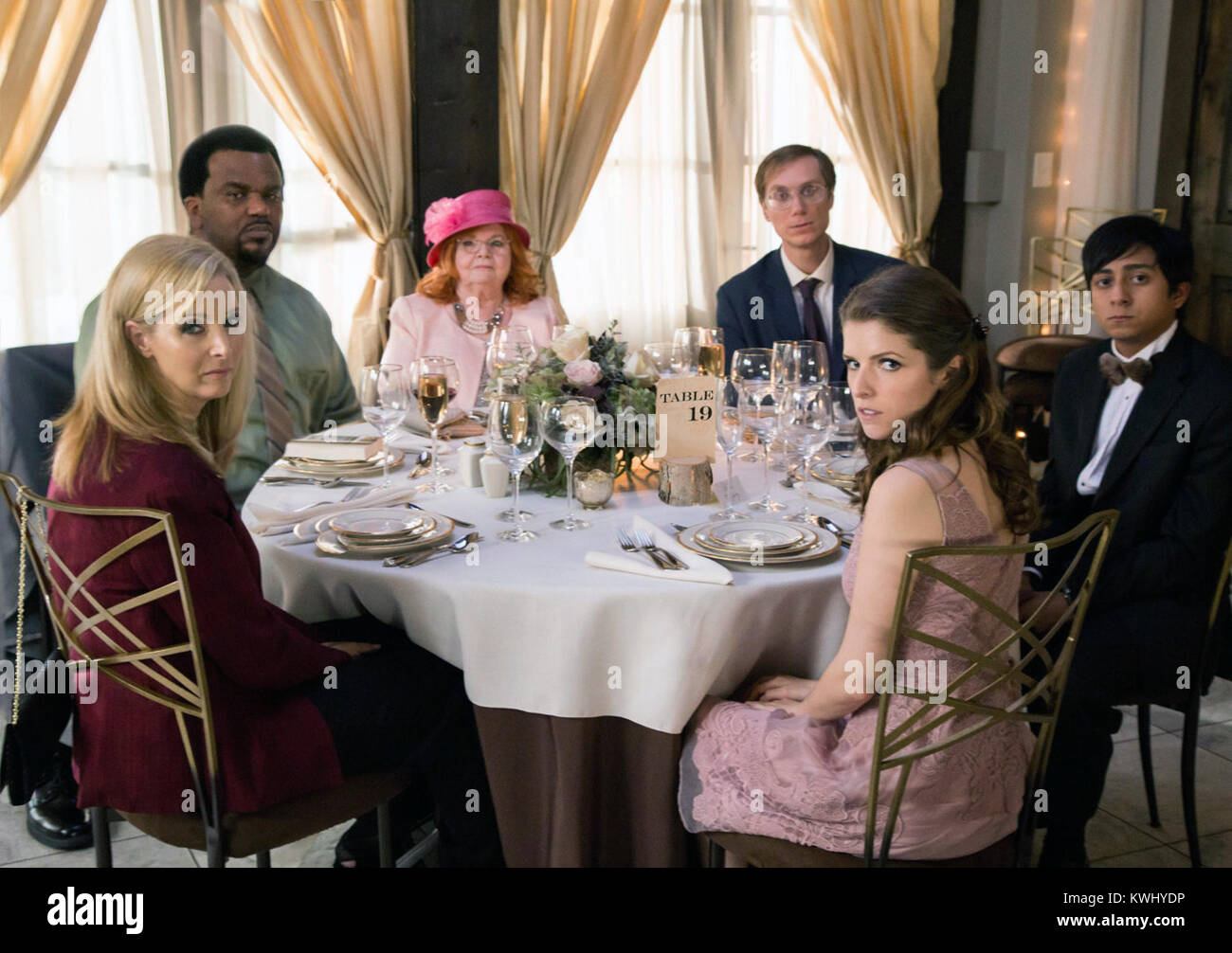 Table 19 is a 2017 American comedy film written and directed by Jeffrey Blitz, from a story originally written by brothers Jay and Mark Duplass. The film stars Anna Kendrick, Craig Robinson, June Squibb, Lisa Kudrow, Stephen Merchant, Wyatt Russell, and Tony Revolori.  This photograph is for editorial use only and is the copyright of the film company and/or the photographer assigned by the film or production company and can only be reproduced by publications in conjunction with the promotion of the above Film. A Mandatory Credit to the film company is required. The Photographer should also be  Stock Photo