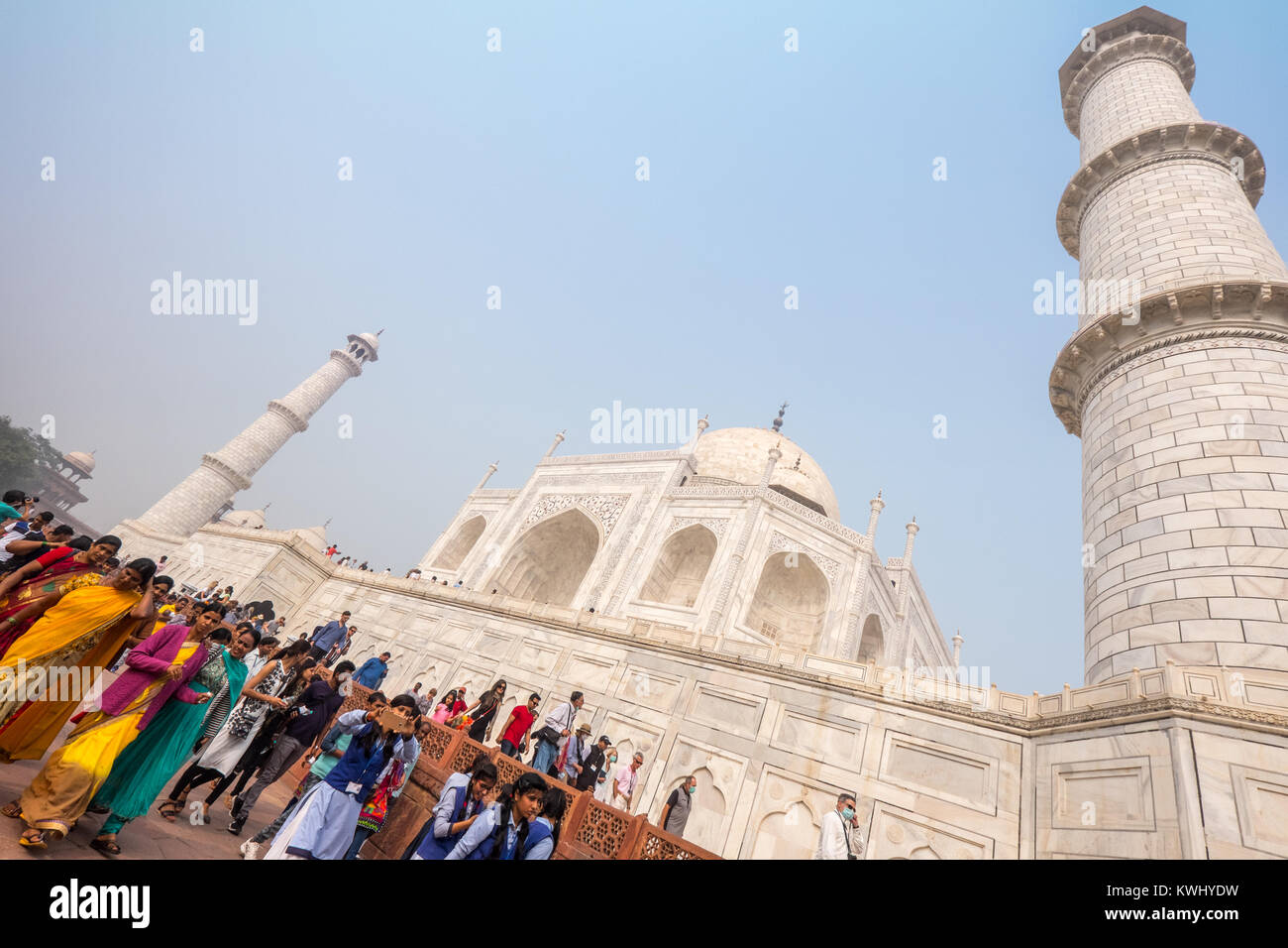 Indian visitors to The Taj Mahal, Agra, India. Built by the Mughal emperor Shah Jahan, the mausoleum houses his wife's tomb Stock Photo