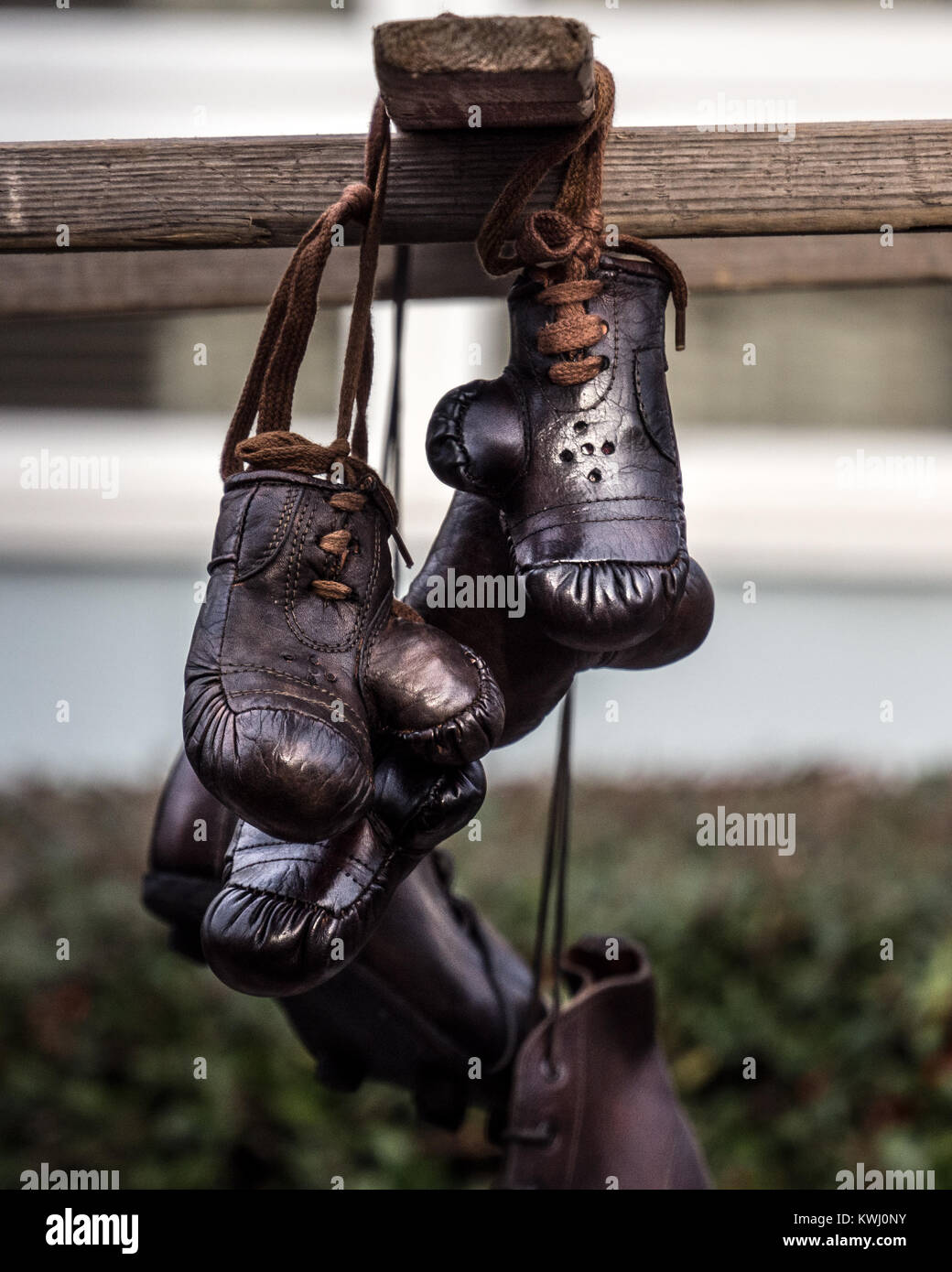 old leather boxing gloves on Portobello Market, London Stock Photo Alamy