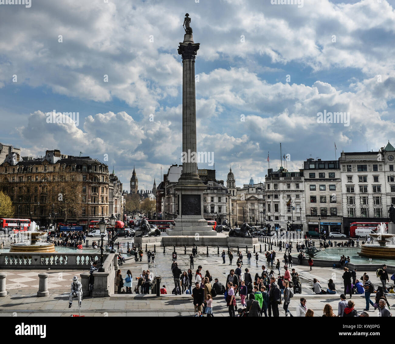 Trafalgar Square in London with Nelson's Column and Big Ben in the Distance Stock Photo