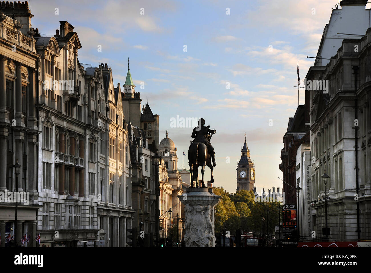 Looking down Whitehall to Big Ben from Trafalgar Square Stock Photo