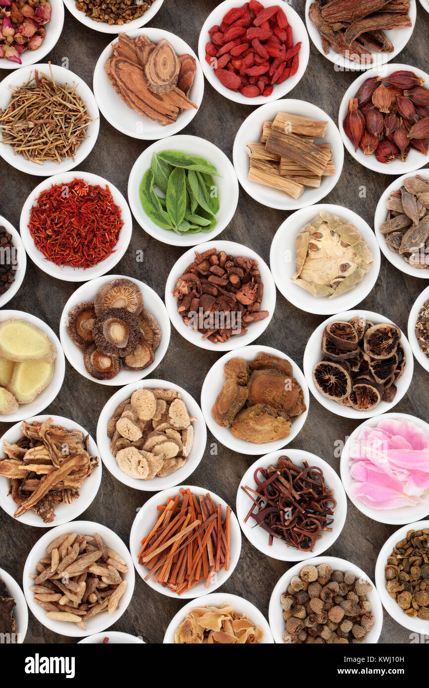 Chinese herbal medicine with traditional herbs iin white porcelain bowls on marble background.Top view. Stock Photo
