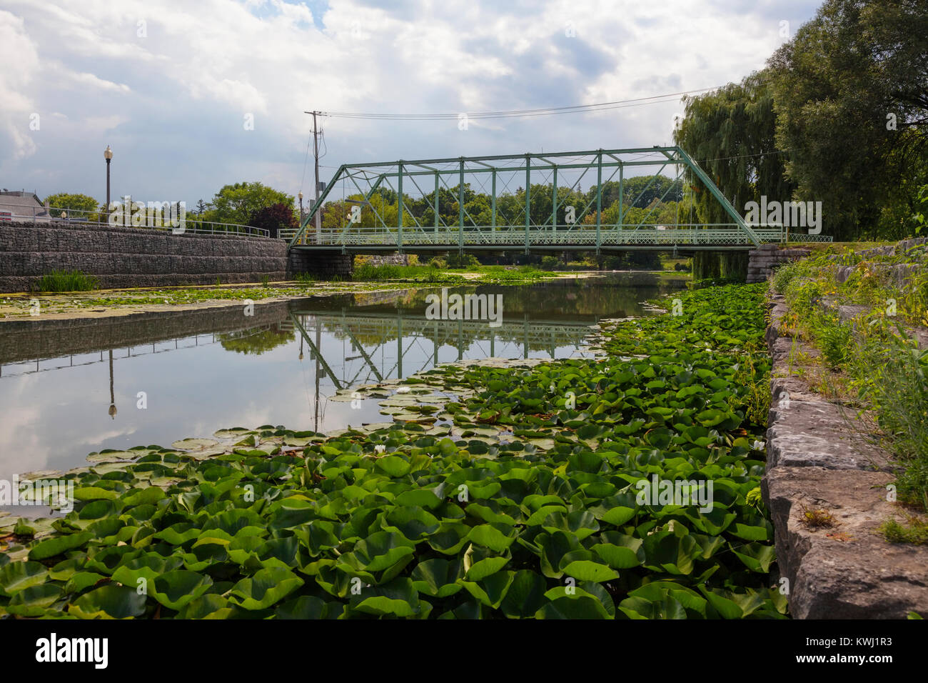 Lily pads and the Water Street Truss bridge along Trout Creek in St. Mary's, Ontario, Canada. Stock Photo