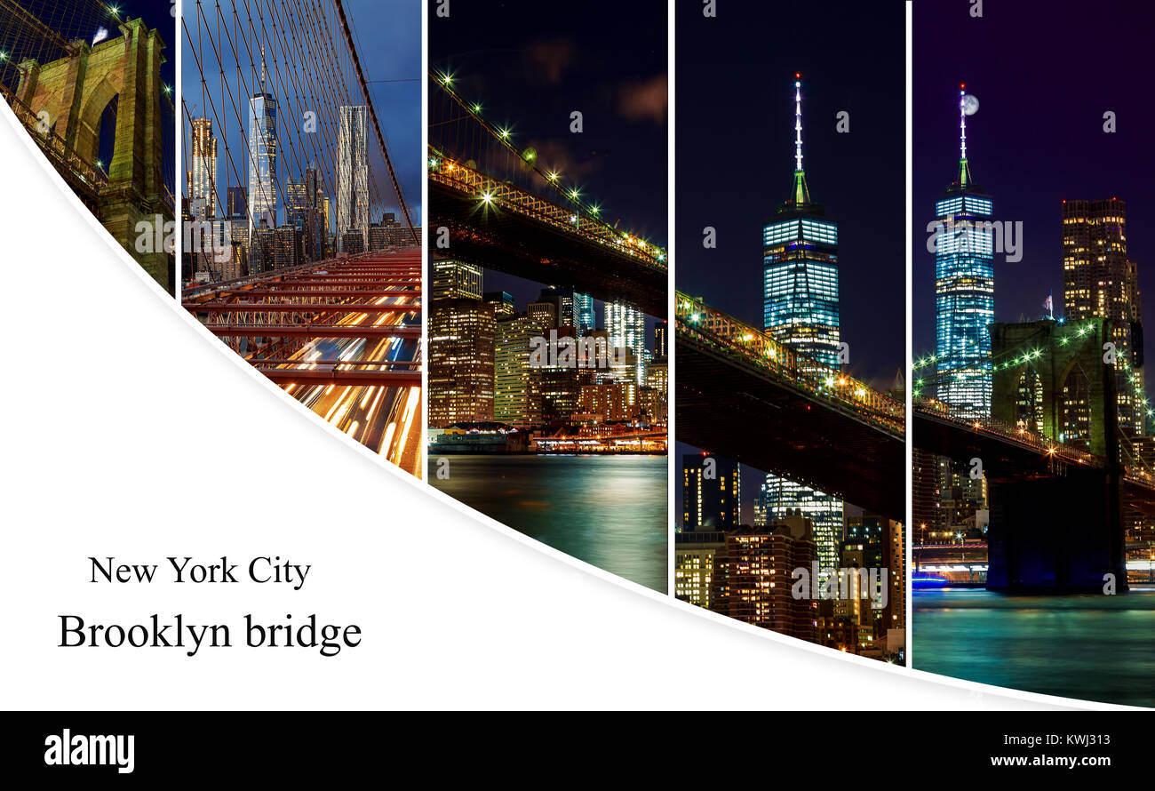 Brooklyn Bridge over East River at night in New York City Manhattan with lights and reflections. photo collage from different picture Stock Photo