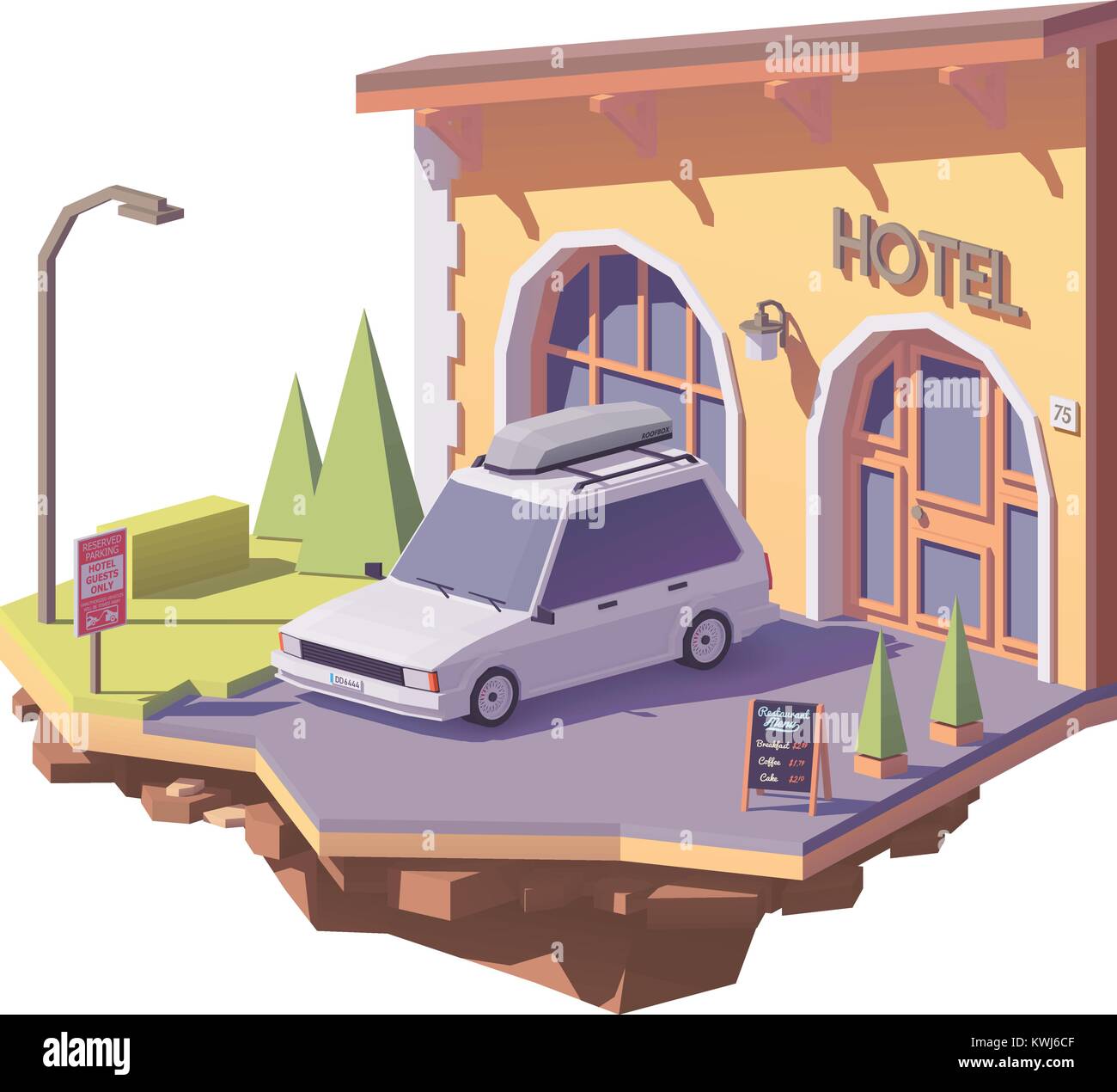 Vector low poly car and hotel Stock Vector