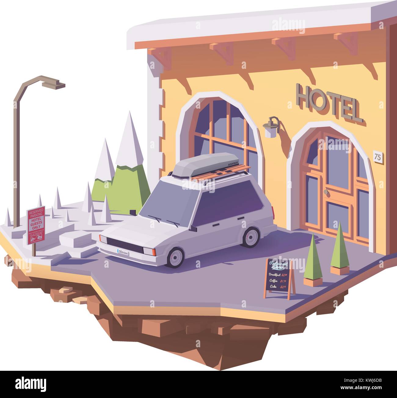 Vector low poly car and hotel Stock Vector