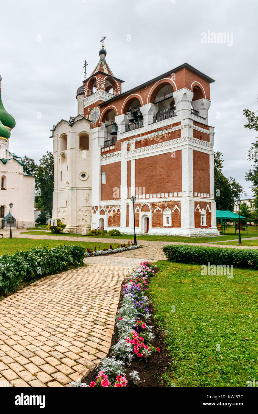 Cathedral of the Transfiguration of the Saviour bell tower at the Monastery of St. Euthymius on a cloudy day. Suzdal, Russia. Stock Photo