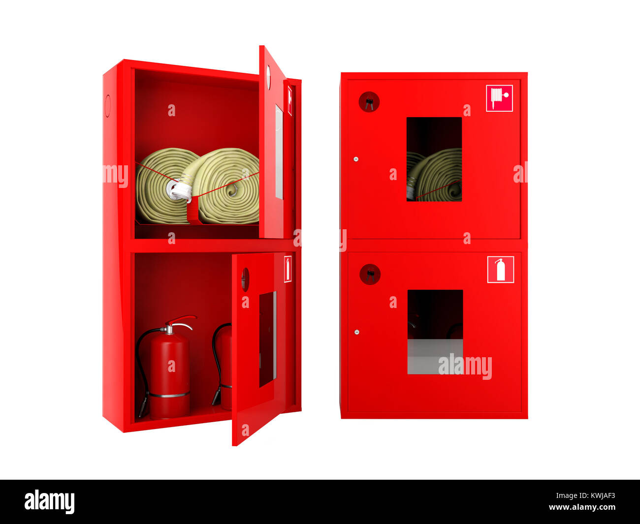 Red fire hose and fire extinguisher cabinets on white background Stock
