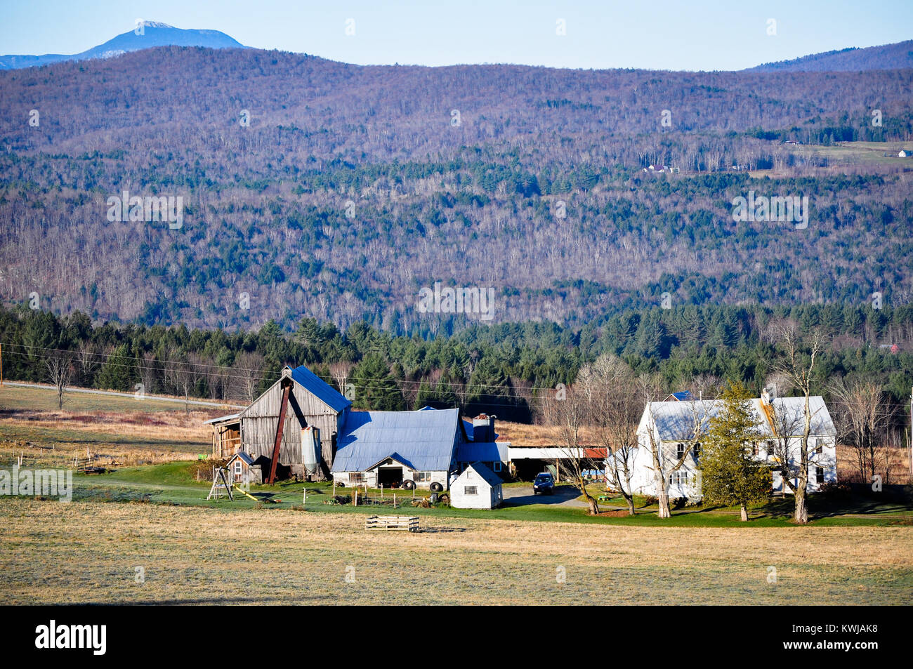 Farmscape, East Montpelier, Vermont, USA, New England. in November. Camel's Hump p3ak in distance. Stock Photo