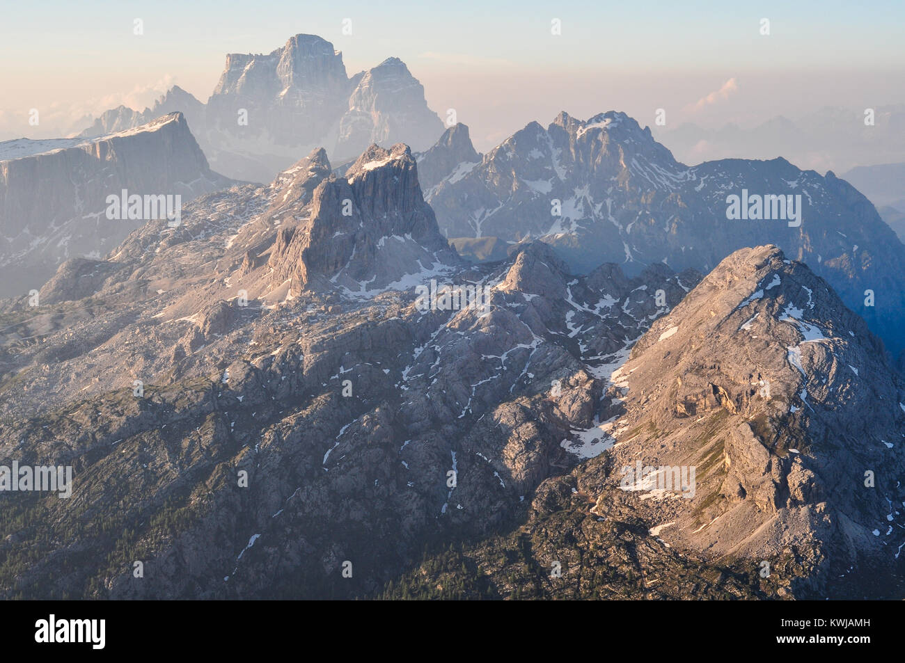 View from Rifugio Lagazuoi, eroded limestone of Dolomite Mountains, near Cortina d'Ampezzo, Italy. Stock Photo