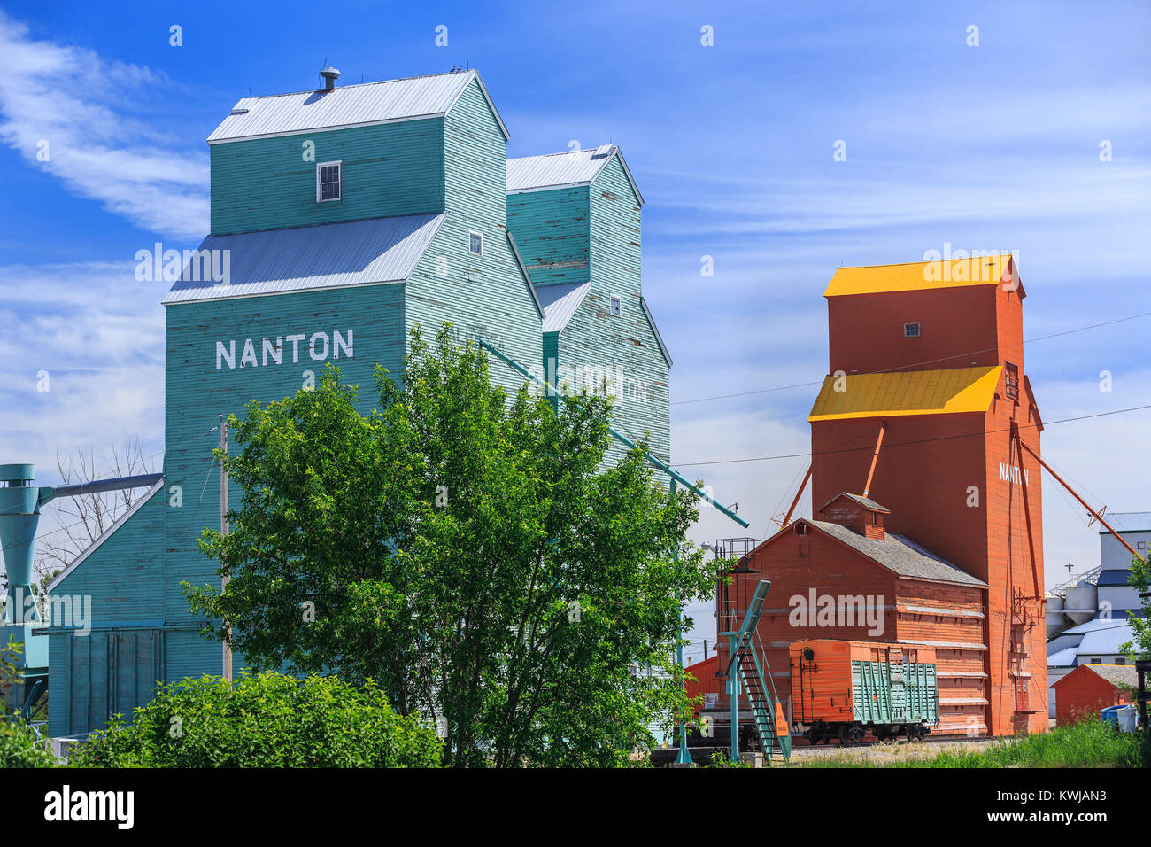 Canadian Grain Elevator Discovery Centre is a set of restored grain elevators located in Nanton, Alberta, Canada. Stock Photo