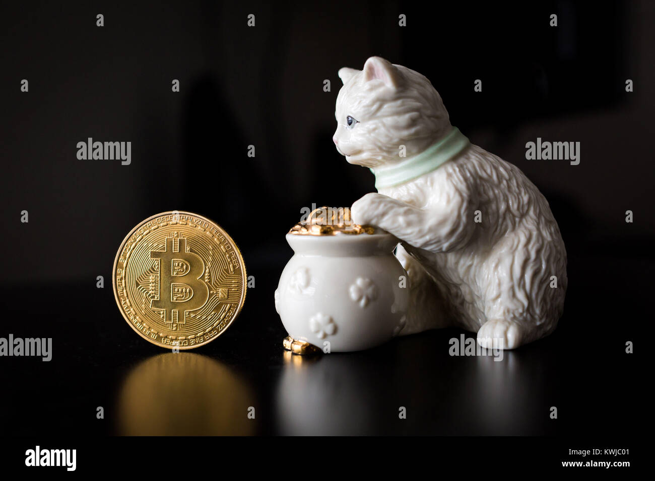 Bitcoin single coin with a cat and pot of gold Stock Photo