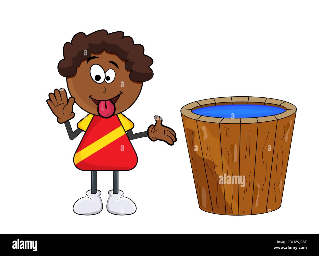 african black boy cartoon showing tongue with  bucket of water isolated on white background Stock Vector