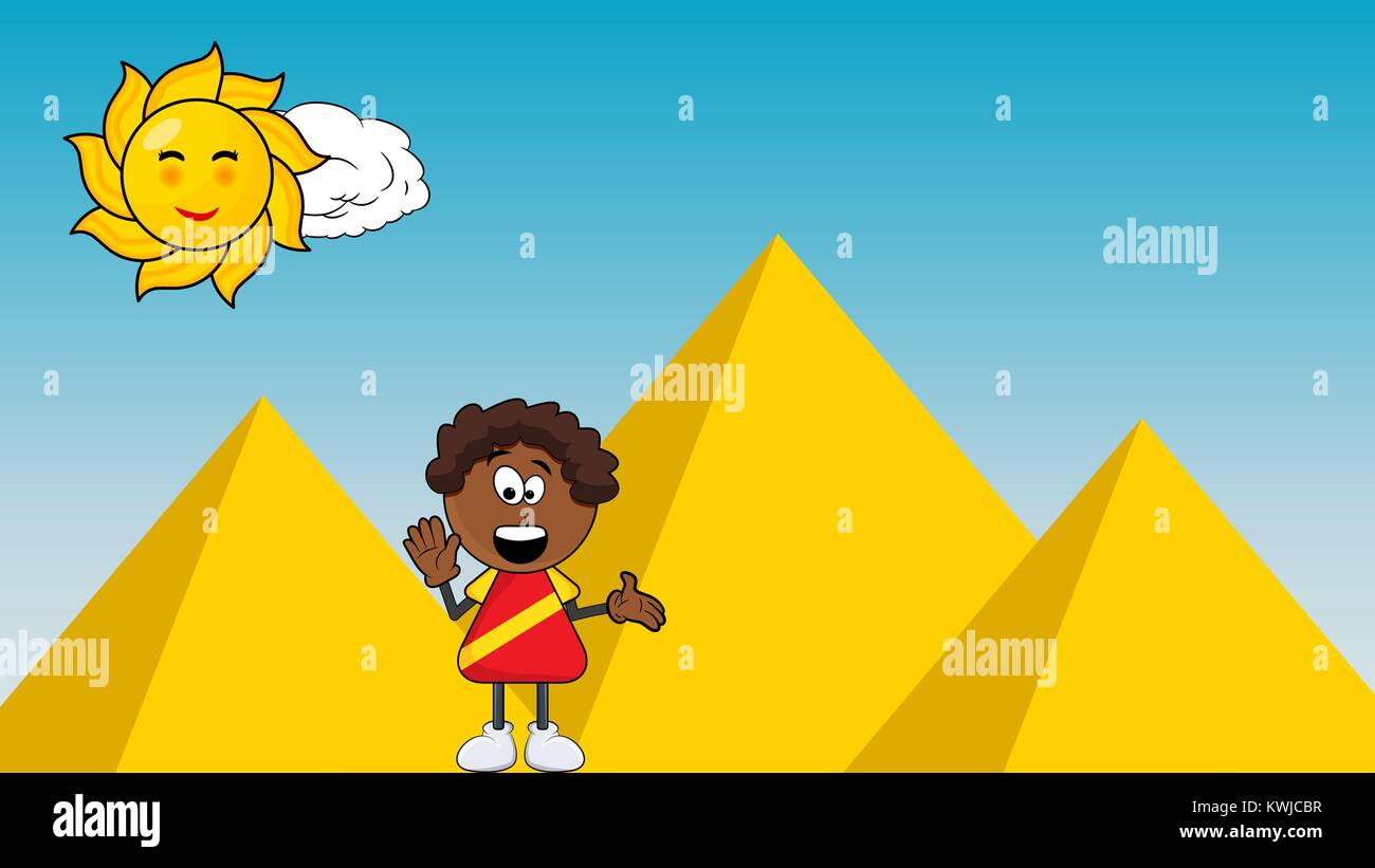 black african smile boy cartoon design on pyramid background Stock Vector