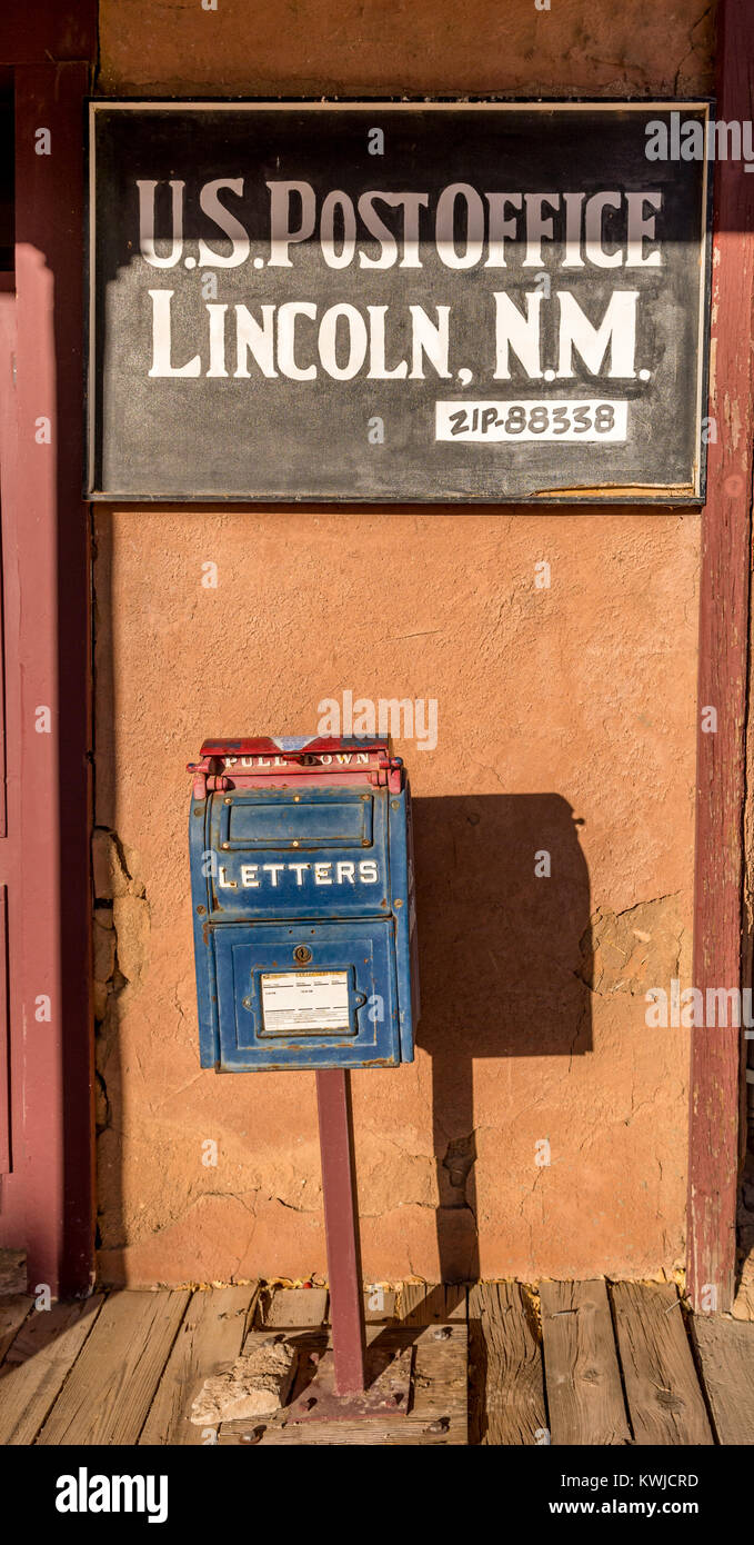 Vintage post office, mail box in Lincoln, New Mexico, USA old west town  famous for Outlaw Billy the Kid and the Lincoln County War. Stock Photo