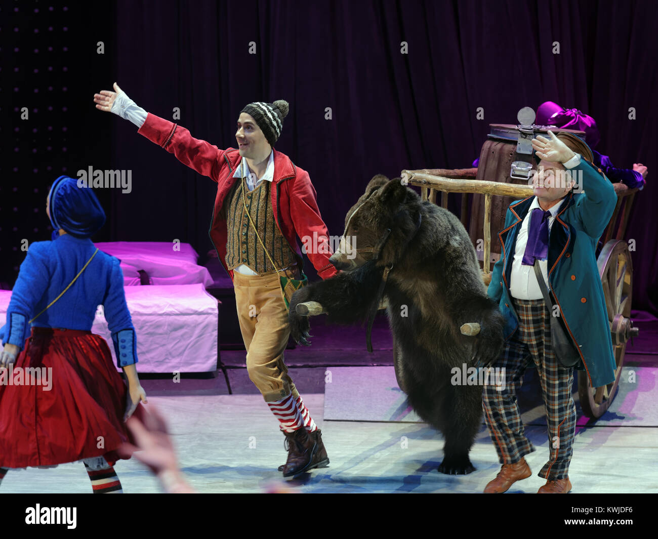 Actors and trained bears in the show Snow Queen by Great Moscow Circus during tis premiere in St. Petersburg Stock Photo