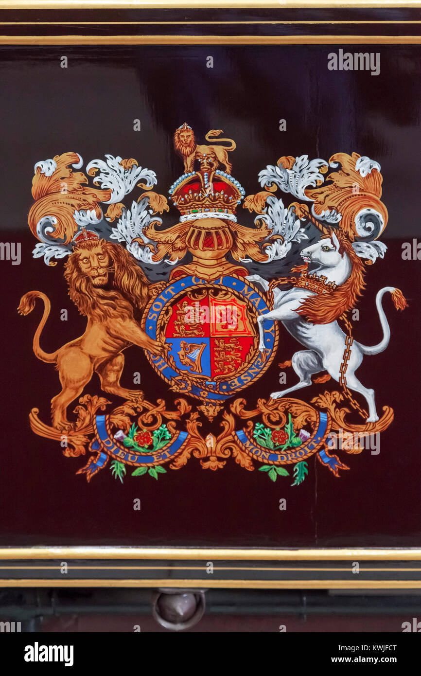 Royal Coat of arms on a railway carriage in the National Rail Museum, Shildon, County Durham, United Kingdom Stock Photo