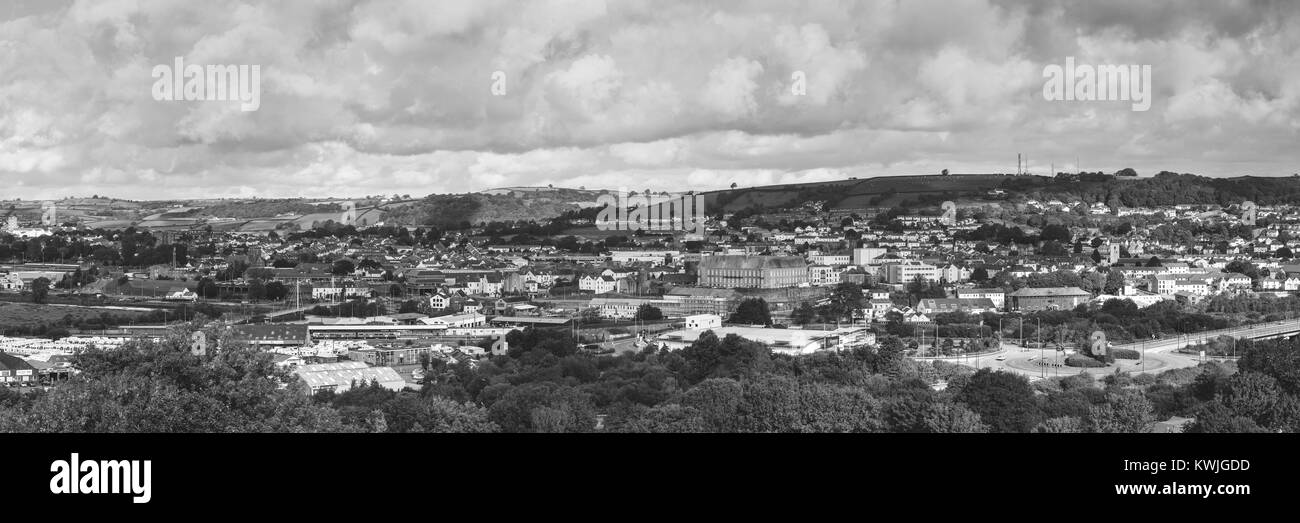 Carmarthen Panorama from Tregynnor,Carmarthen has a strong claim to being the oldest town in Wales, Home of  Coracle fishing an ancient tradition. Stock Photo