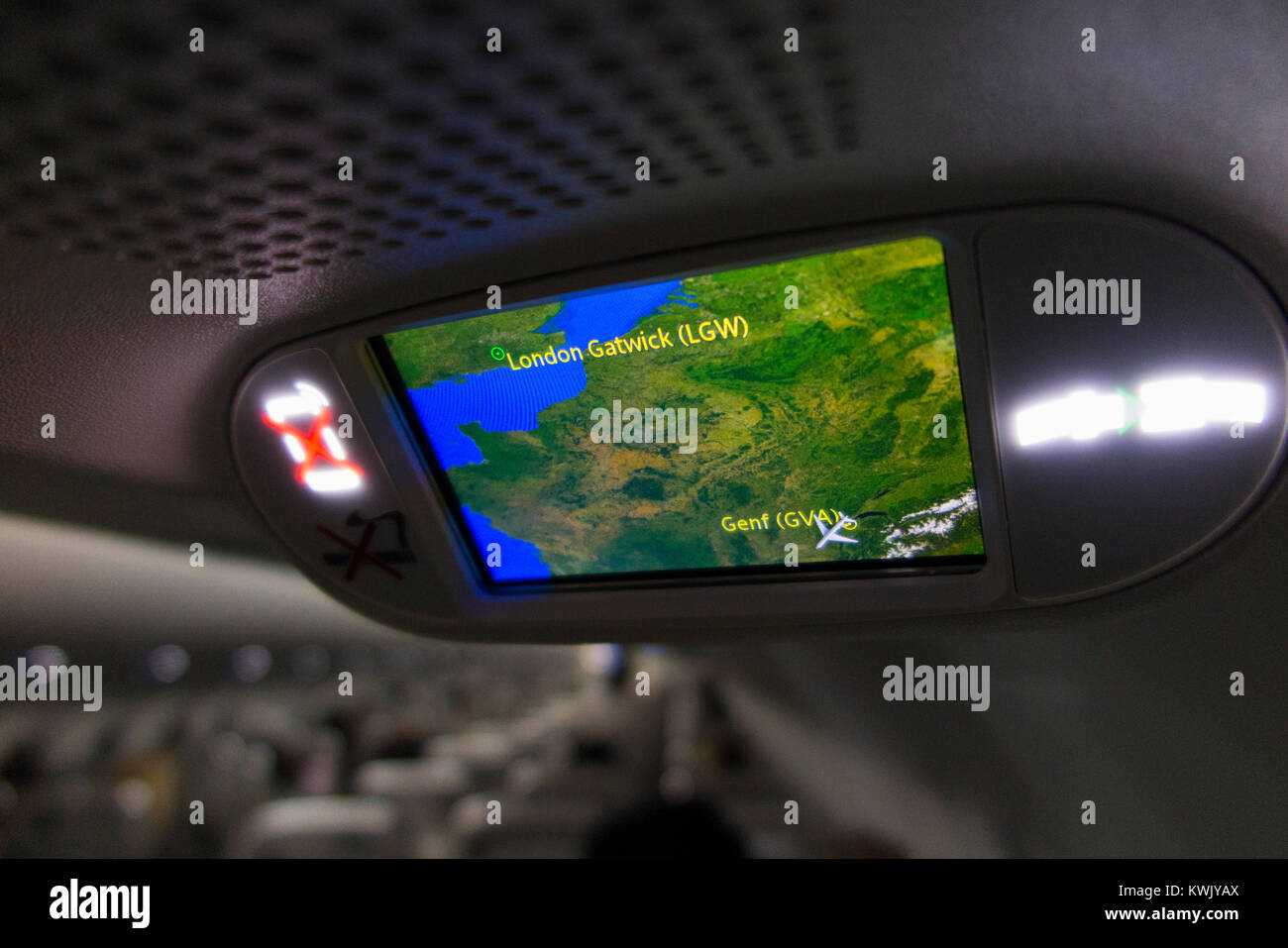 Aeroplane / air plane cabin flight position map display on TV screen ...