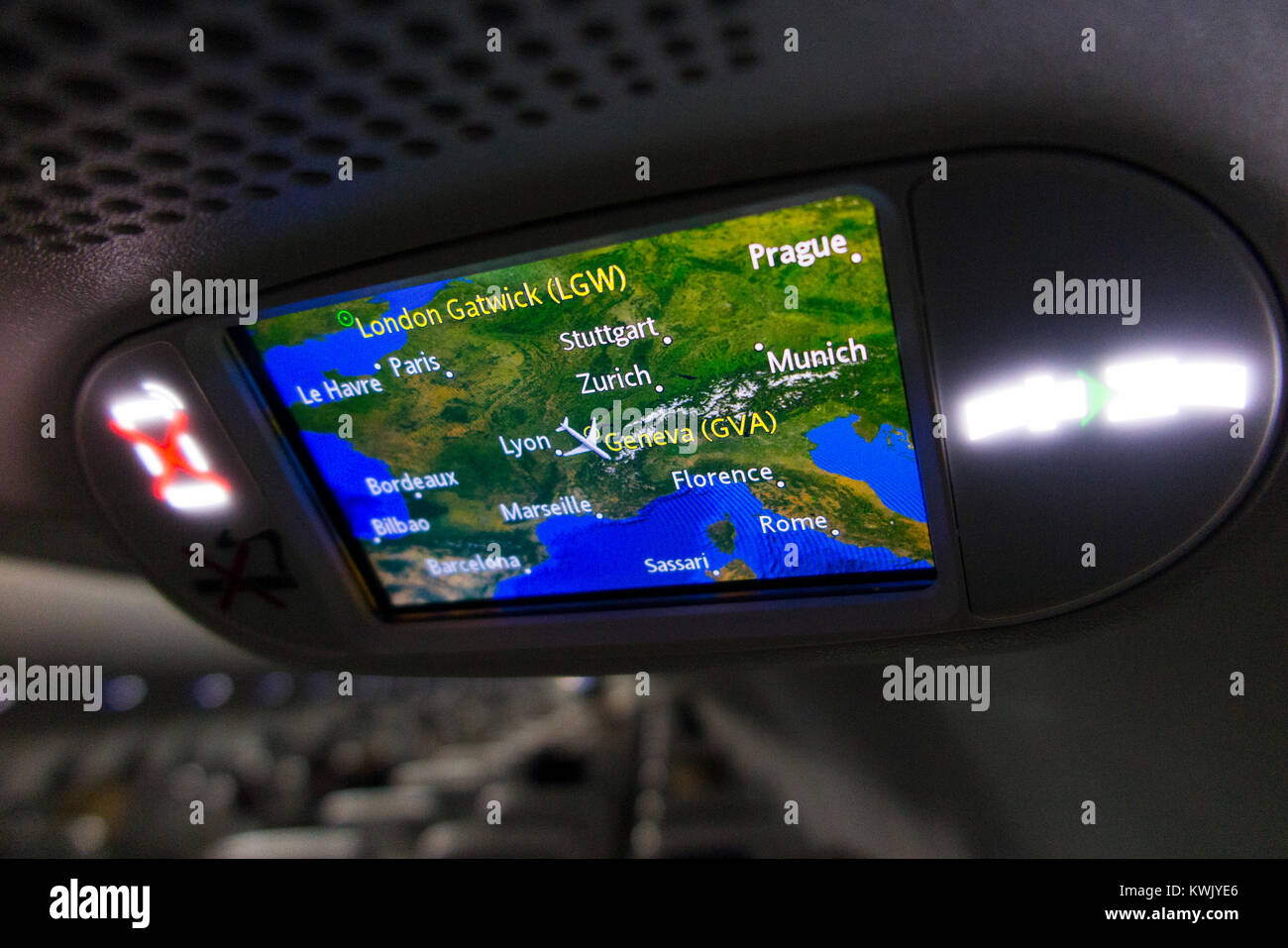 Aeroplane / air plane cabin flight position map display on TV screen ...
