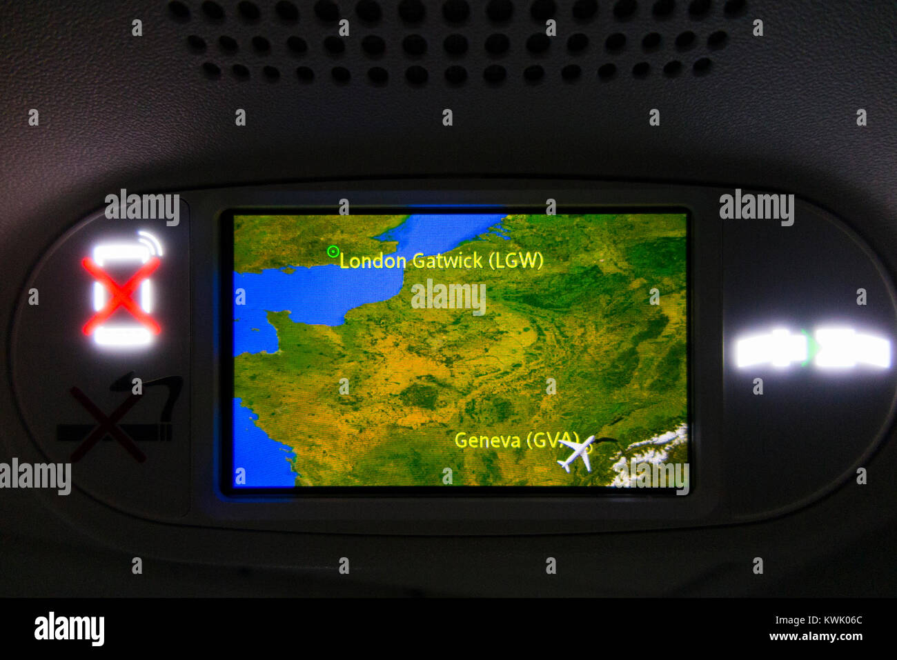 Aeroplane / air plane cabin flight position map display on TV screen ...