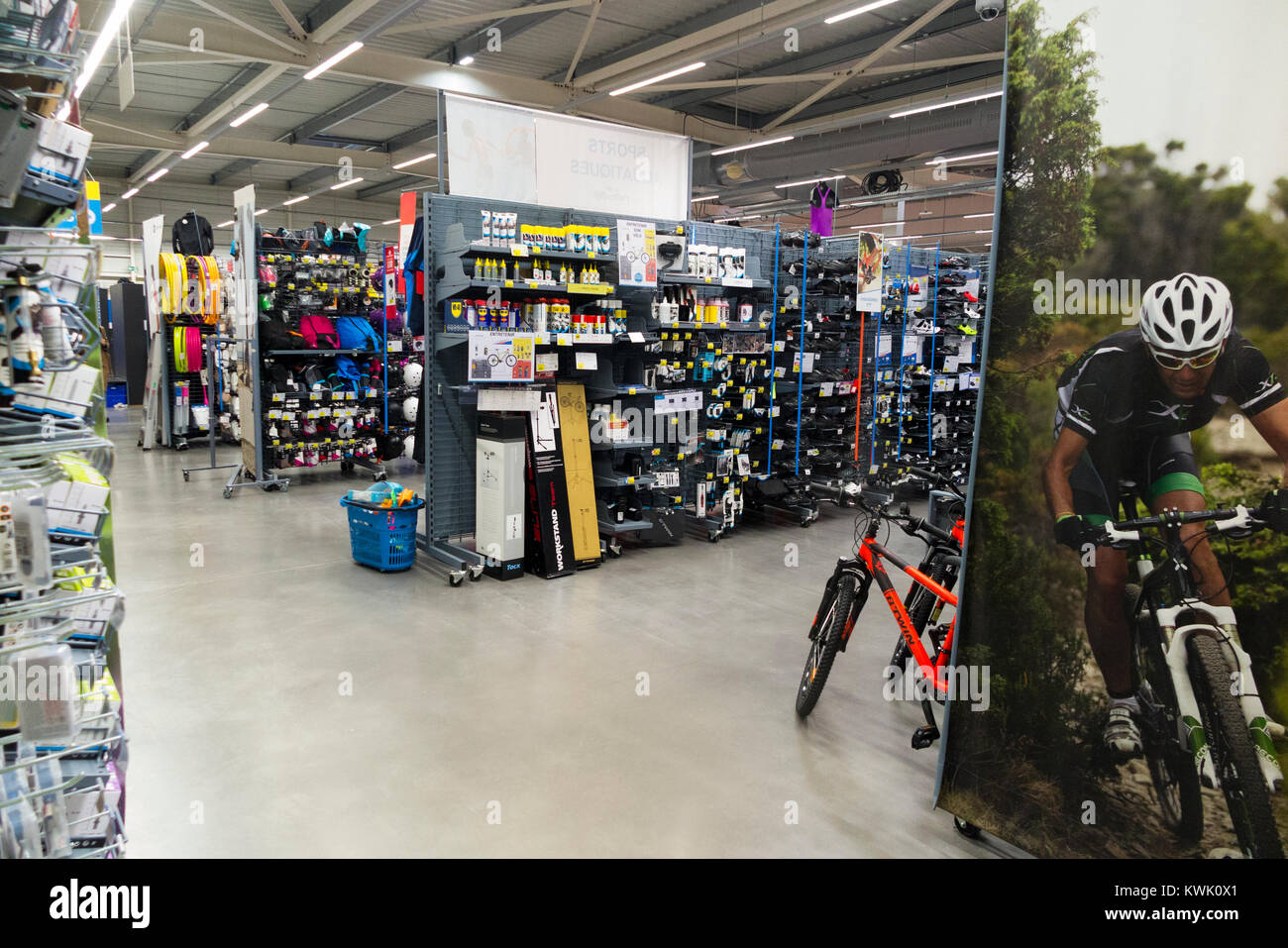 Shop interior / inside of the Decathlon sports / sporting equipment
