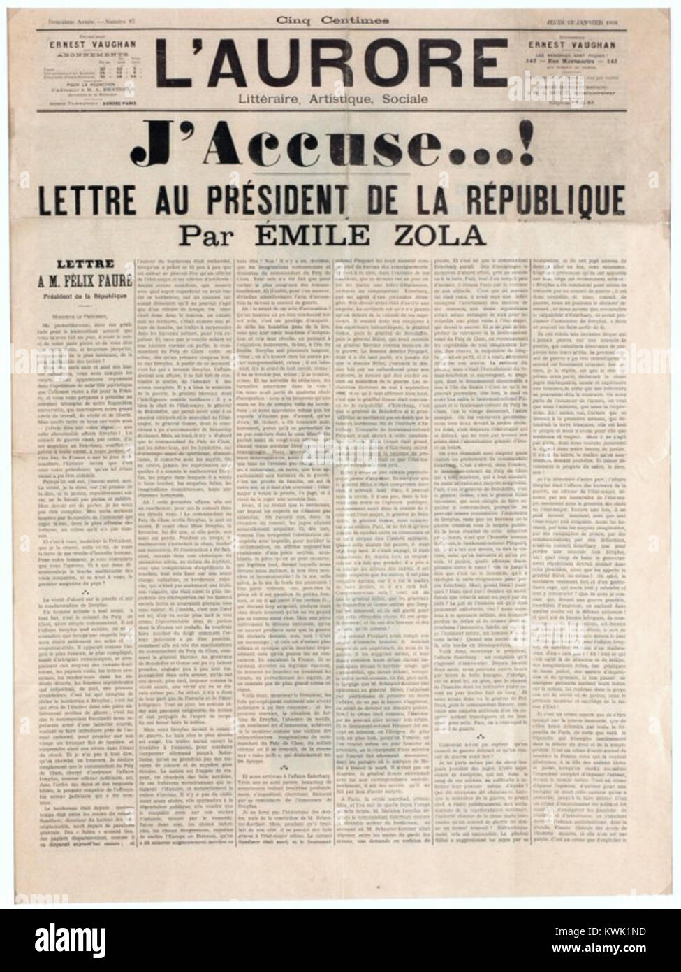'J'accuse...!', page de couverture du journal l’Aurore, publiant la lettre d’Emile Zola au Président de la République, M. Félix Faure à propos de l’Affaire Dreyfus Stock Photo