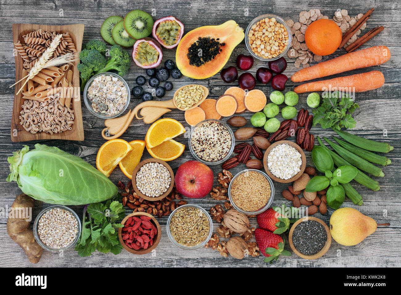 High dietary fibre health food concept with fruit, vegetables, whole