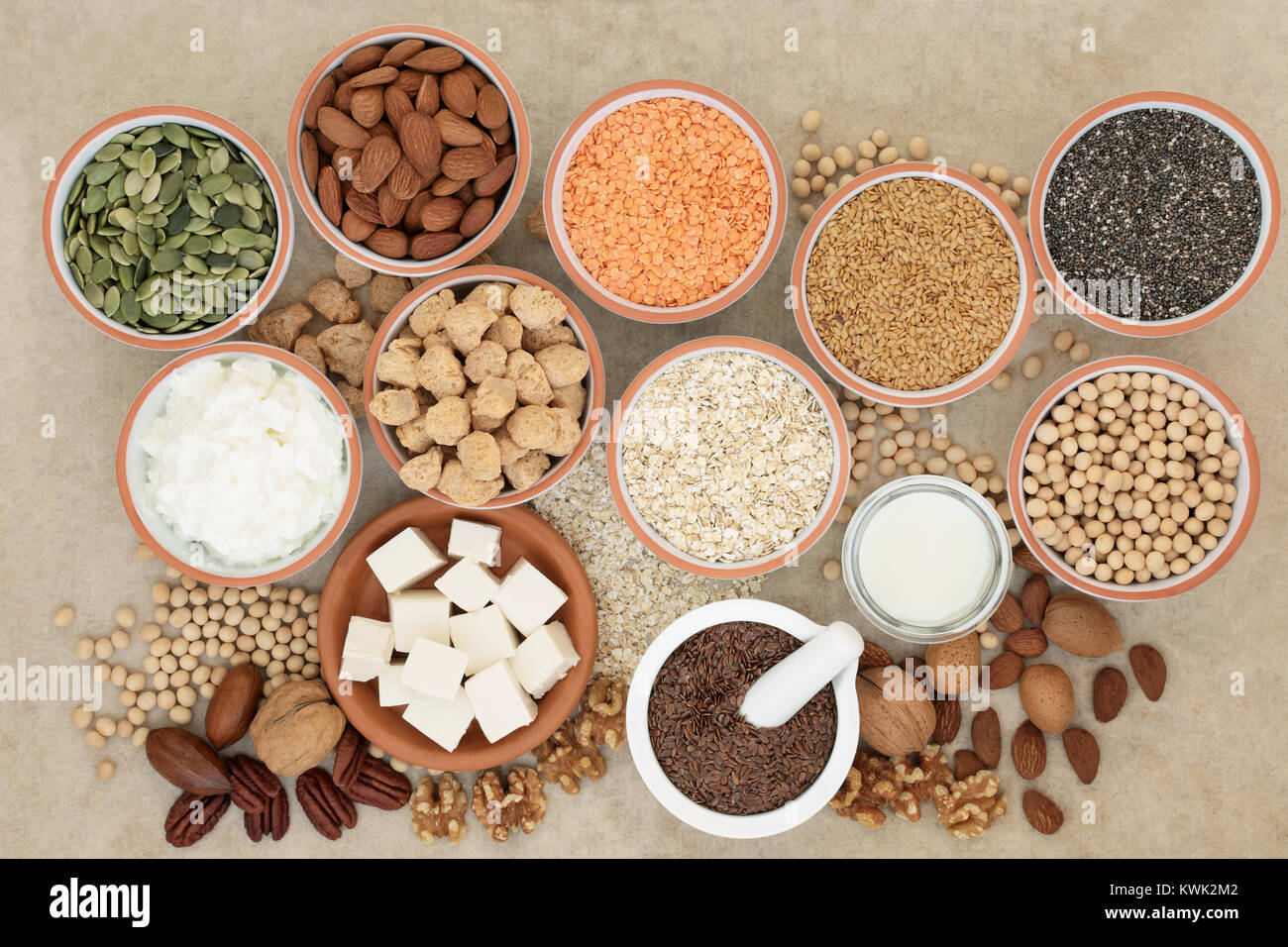 Vegan super food with tofu, seeds, nuts, legumes, soya milk, yoghurt