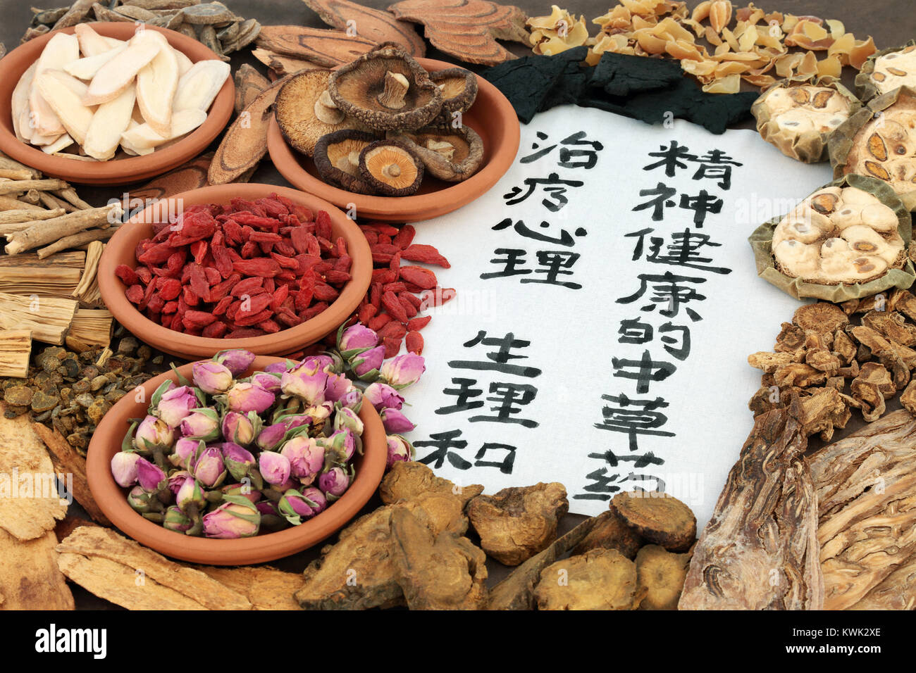 Chinese herbs used in alternative herbal medicine with calligraphy