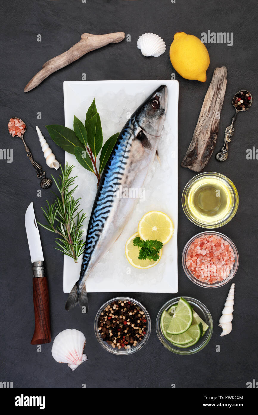 Mackerel fish health food on crushed ice with herbs, olive oil, himalayan salt, peppercorns
