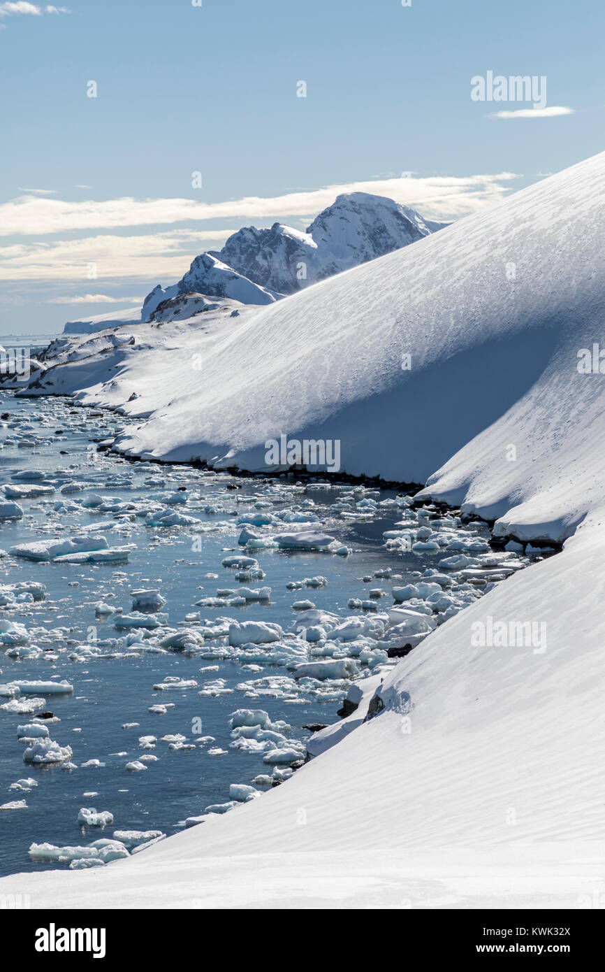 Sea ice; iceburgs & snow & ice covered Antarctica landscape; Rongé Island; Arctowski Peninsula Stock Photo