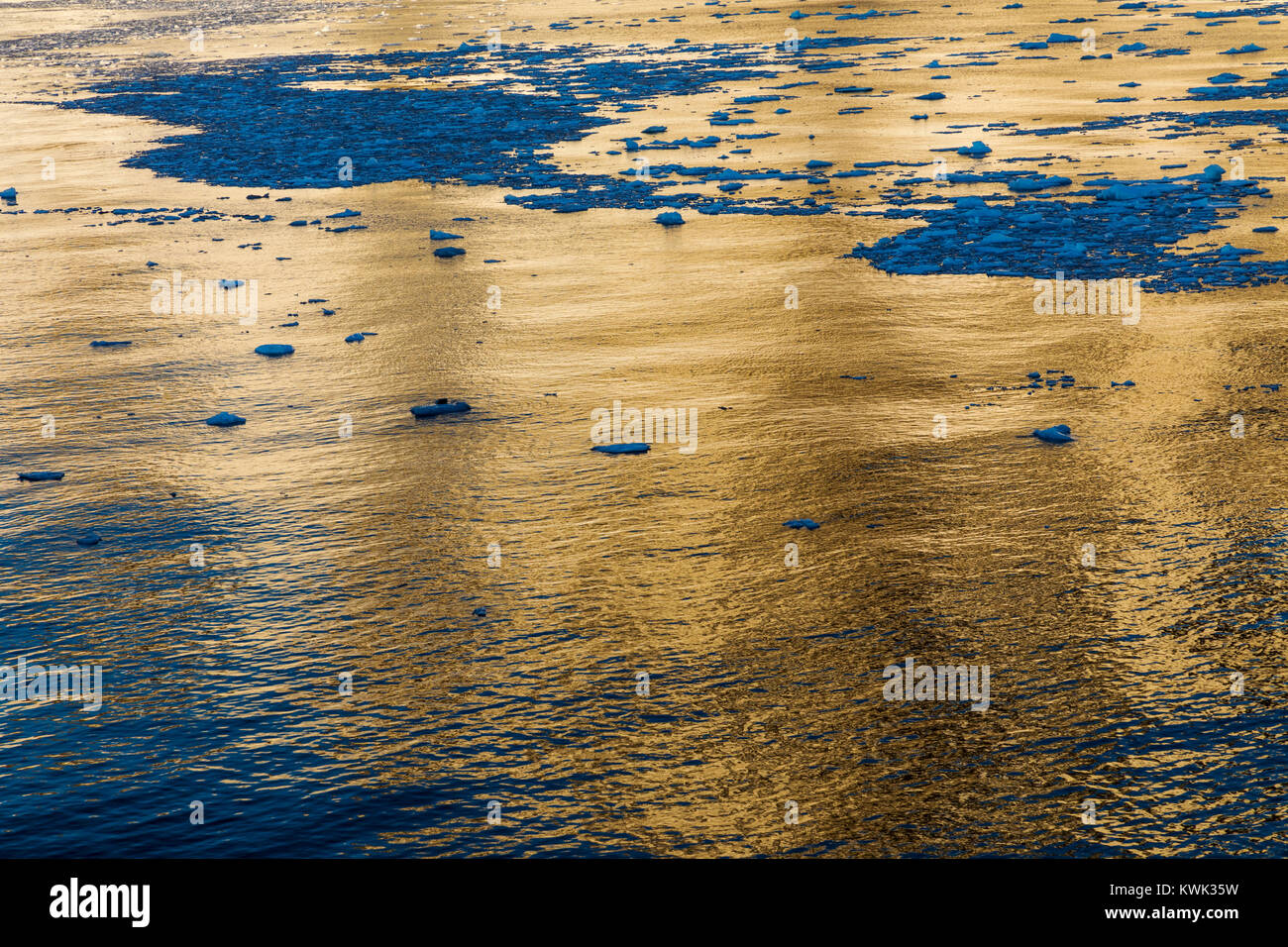 Sunset ocean reflections; sea ice & icebergs; Antarctica landscape; RongÃ© Island; Arctowski Peninsula Stock Photo