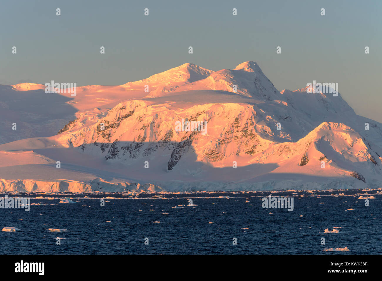 Sea ice & snow covered Antarctica landscape; Rongé Island; Arctowski Peninsula Stock Photo