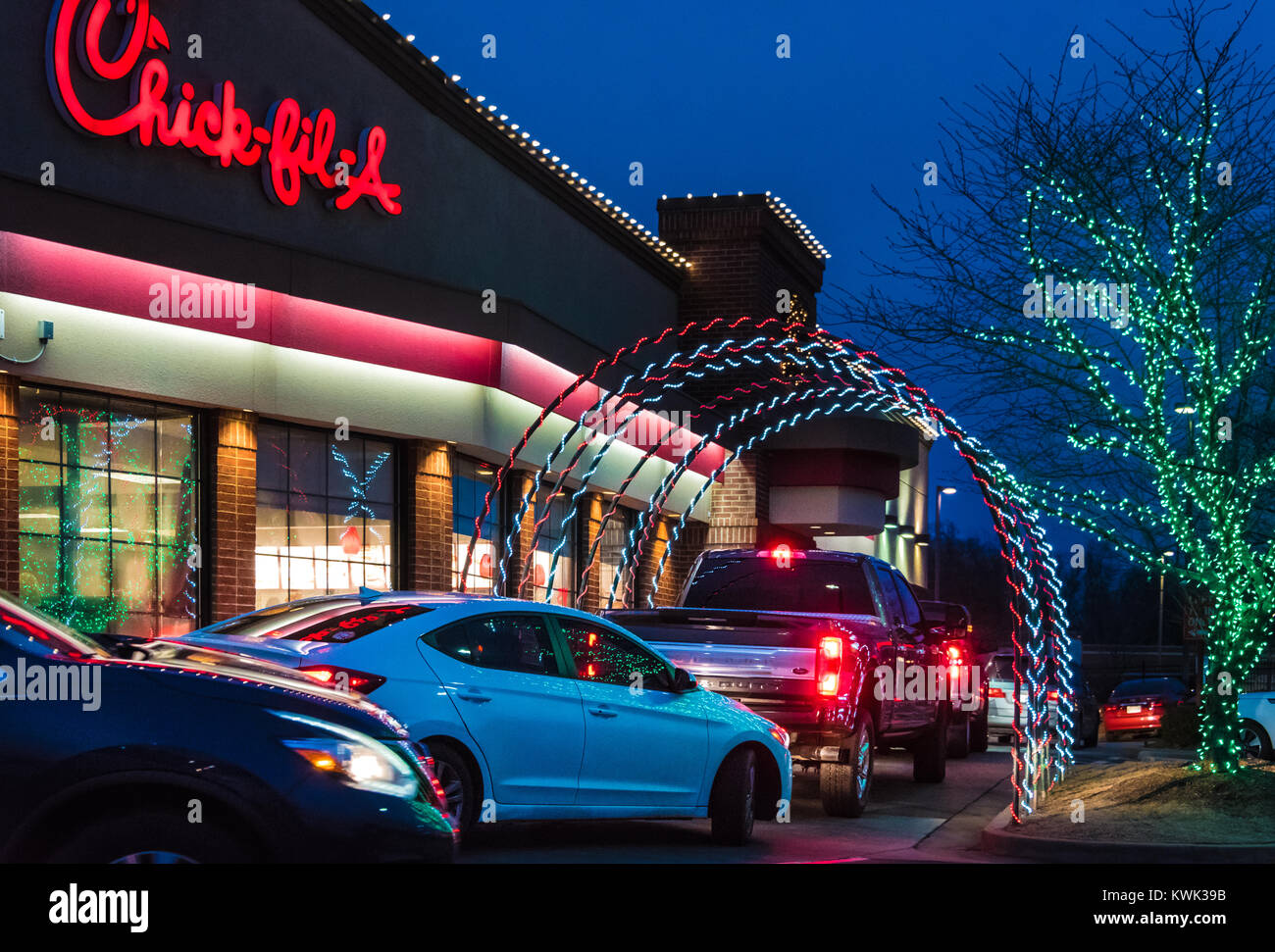 Christmas lights adorn a popular Chick-fil-A restaurant in Olive Branch, Mississippi. (USA) Stock Photo