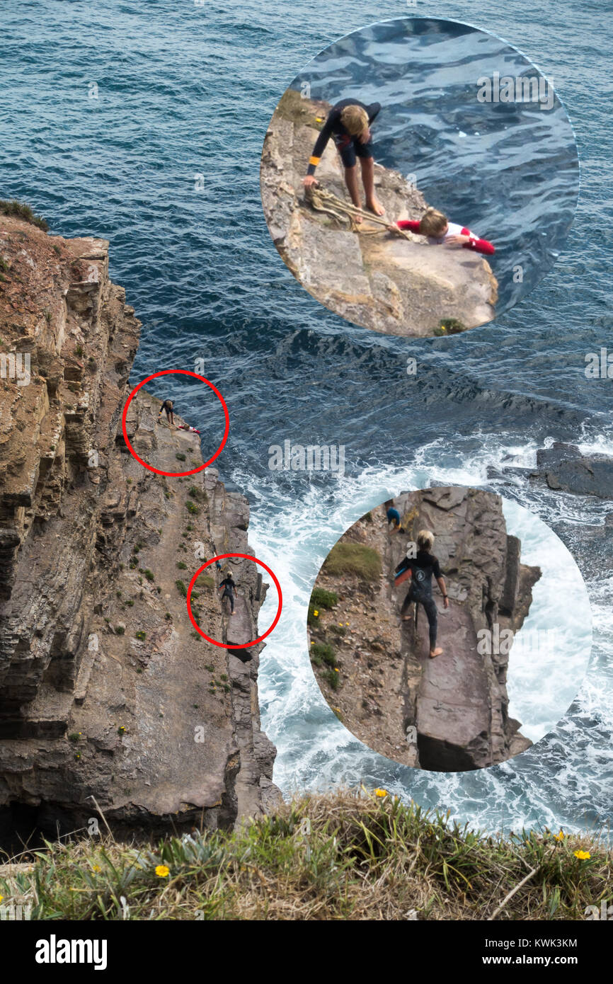 3 young boys making a hazardous cliff climb over dangerous surf.  Image 2 of 2. Stock Photo