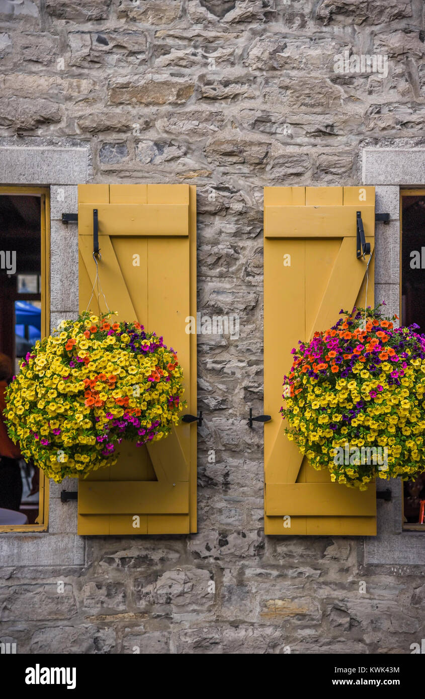 yellow shutters and hanging flower baskets against stone wall building in Quebec City Stock Photo