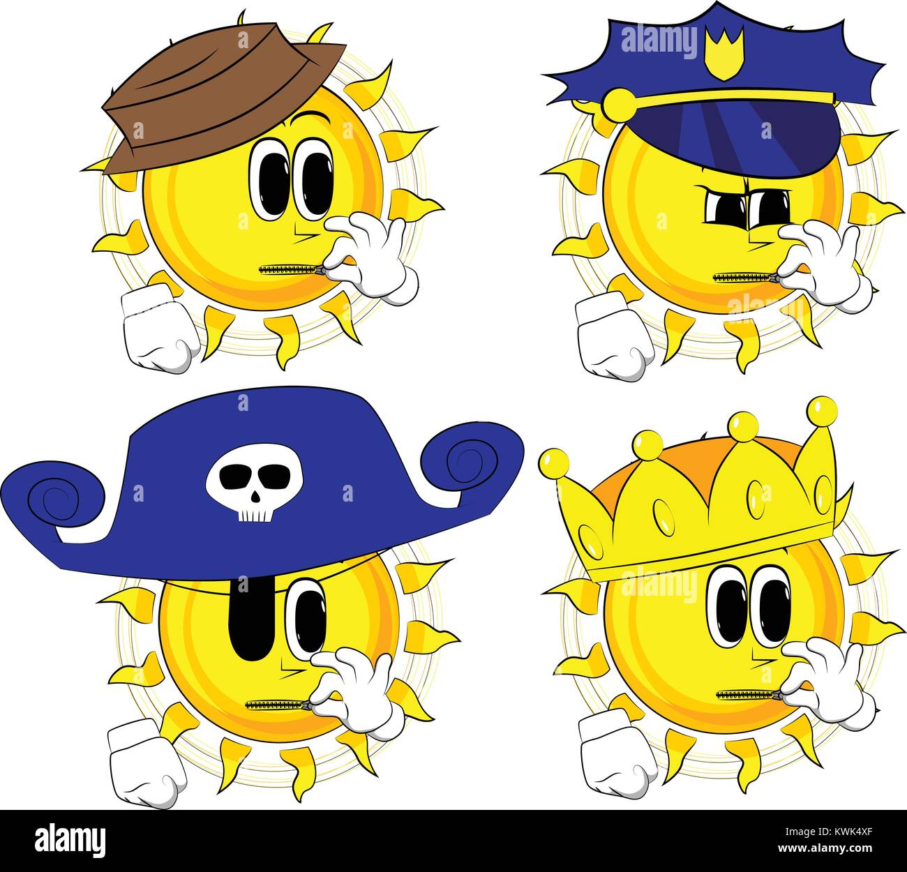 Cartoon sun zipping his mouth. Collection with costume. Expressions vector set. Stock Vector