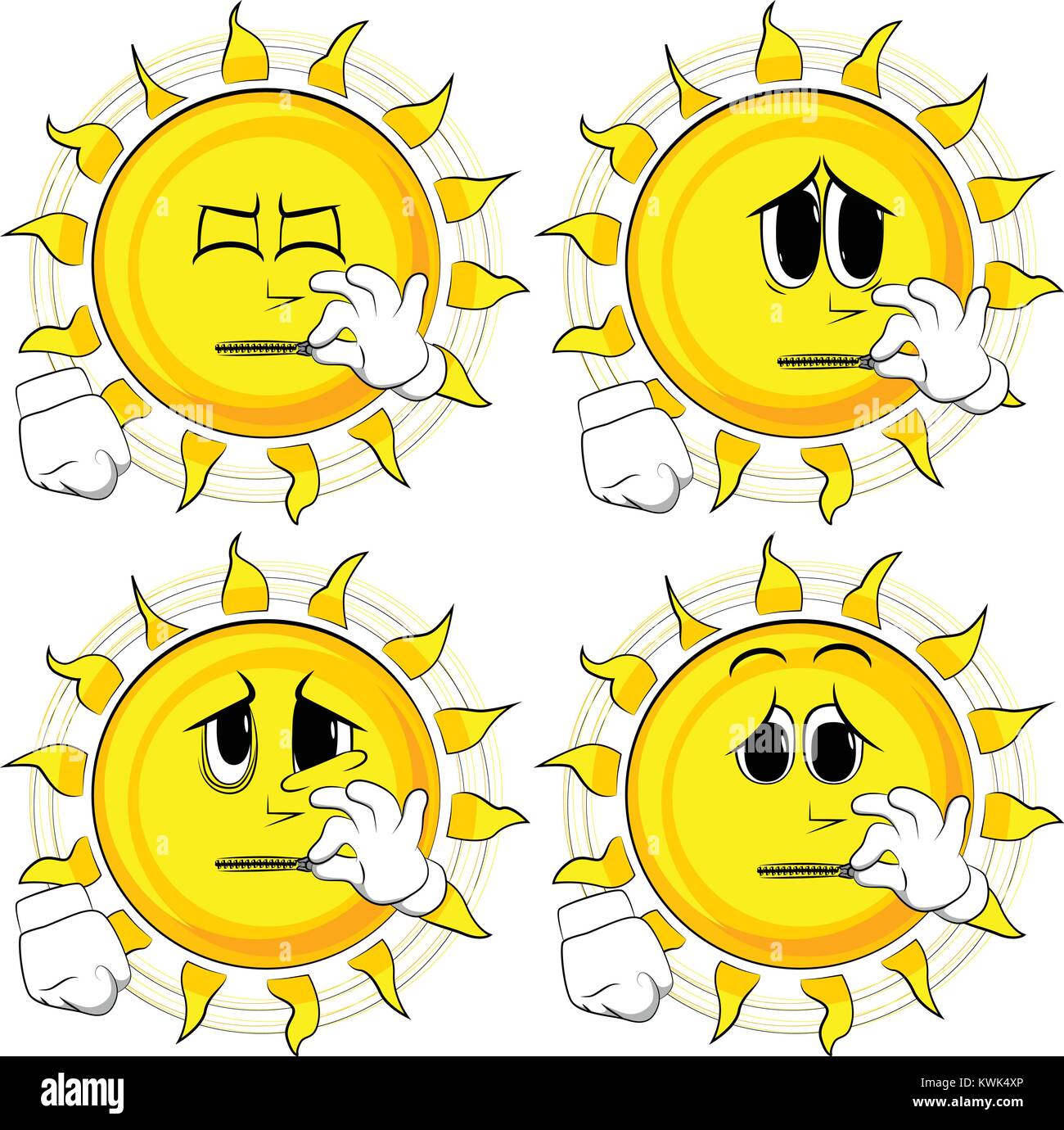 Cartoon sun zipping his mouth. Collection with sad faces. Expressions vector set. Stock Vector