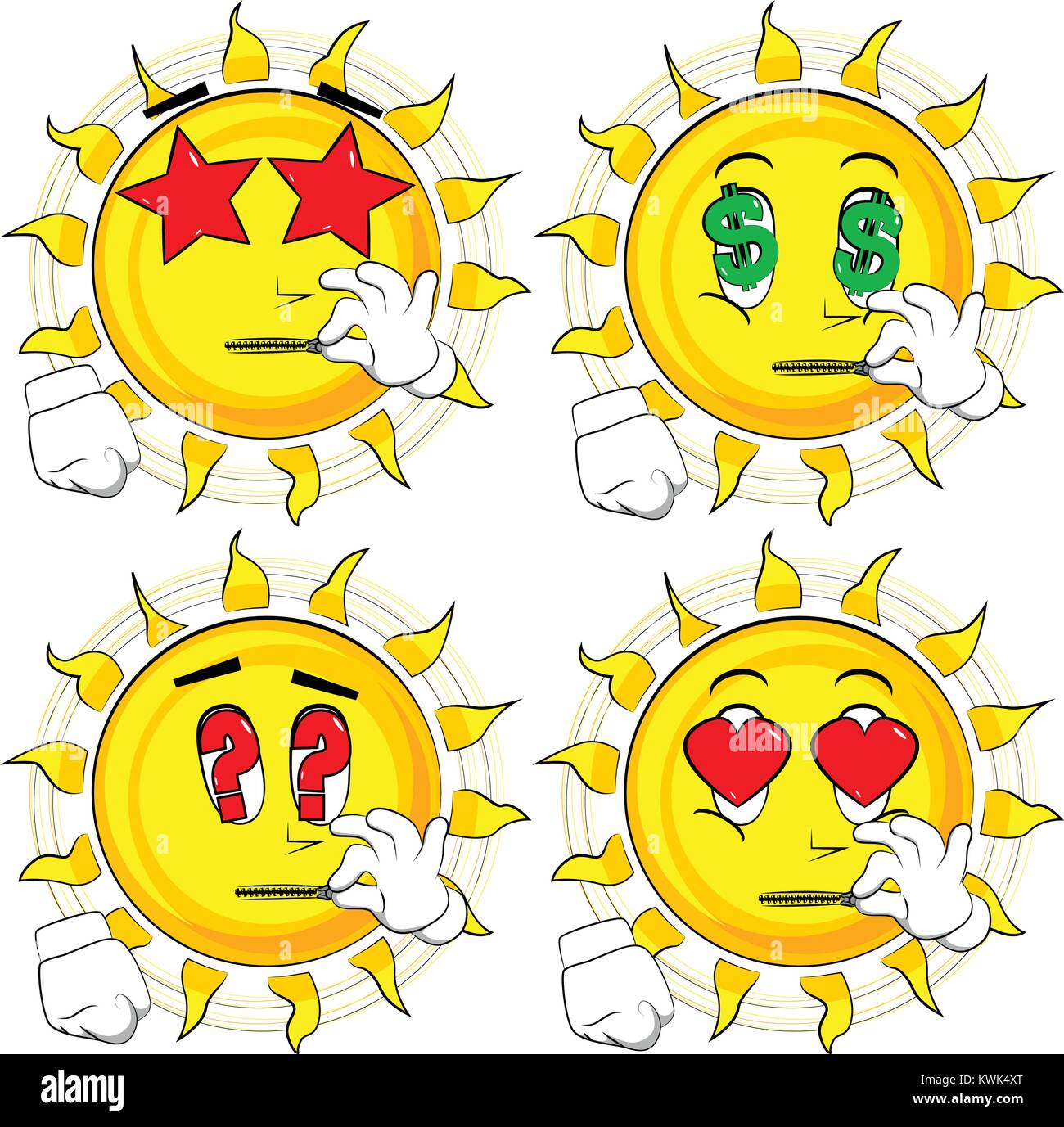 Cartoon sun zipping his mouth. Collection with various facial expressions. Vector set. Stock Vector