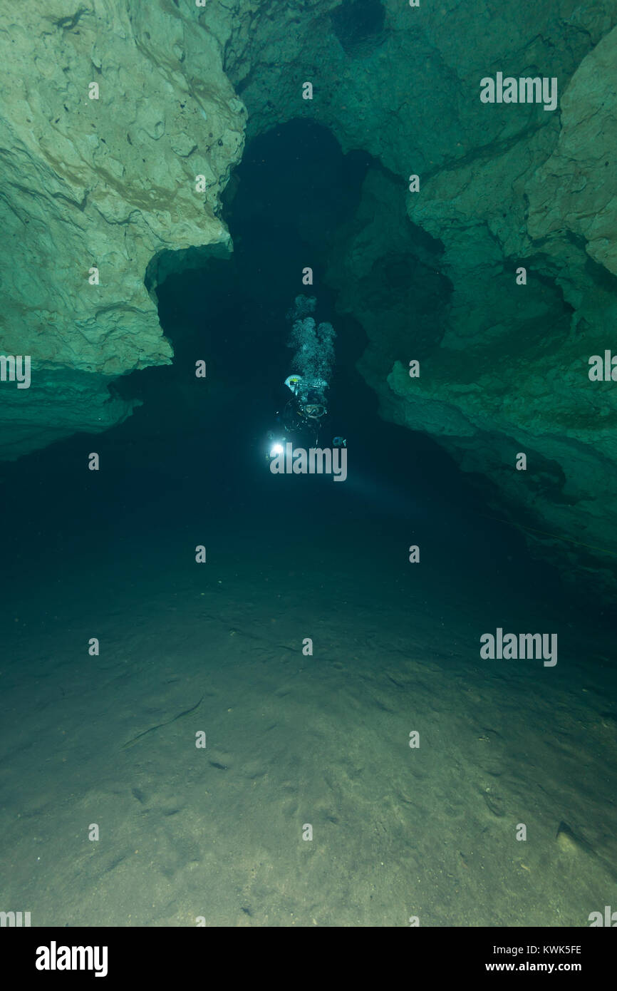divers underwater caves diving Florida United States of America Stock