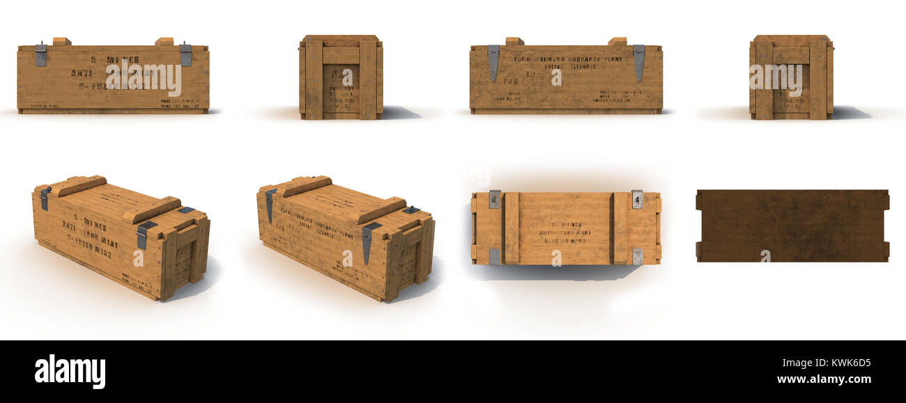 military old case box renders set from different angles on a white. 3D illustration Stock Photo