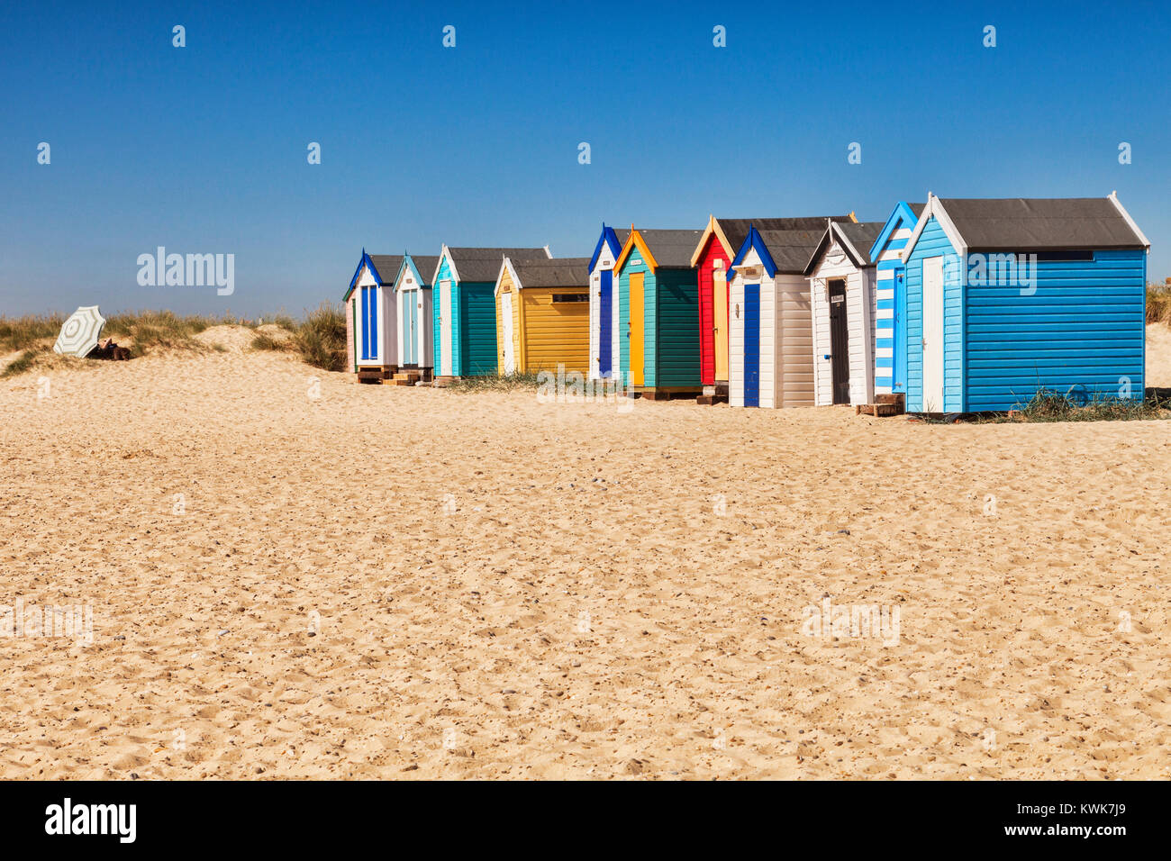 Beach huts on the beach at Southwold, Suffolk, England. Stock Photo