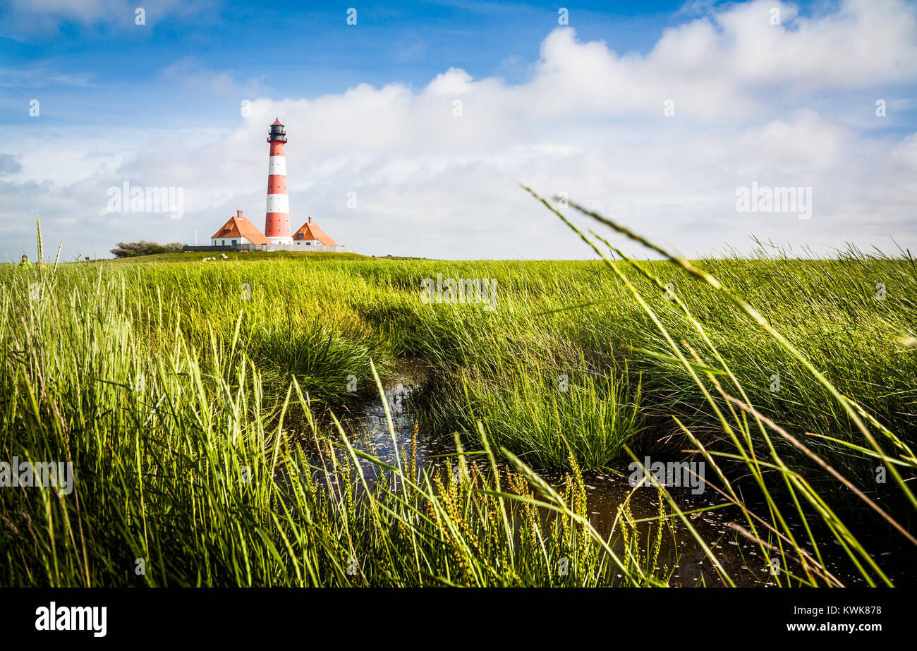 Beautiful view of landscape with small pond and lighthouse in the background at North Sea in Nordfriesland, Schleswig-Holstein, Germany Stock Photo