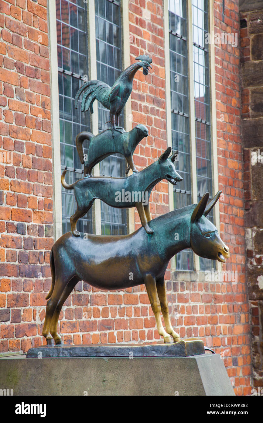 Beautiful view of bronze statue by Gerhard Marcks depicting the famous Bremen Town Musicians (Die Bremer Stadtmusikanten) in Bremen, Germany Stock Photo