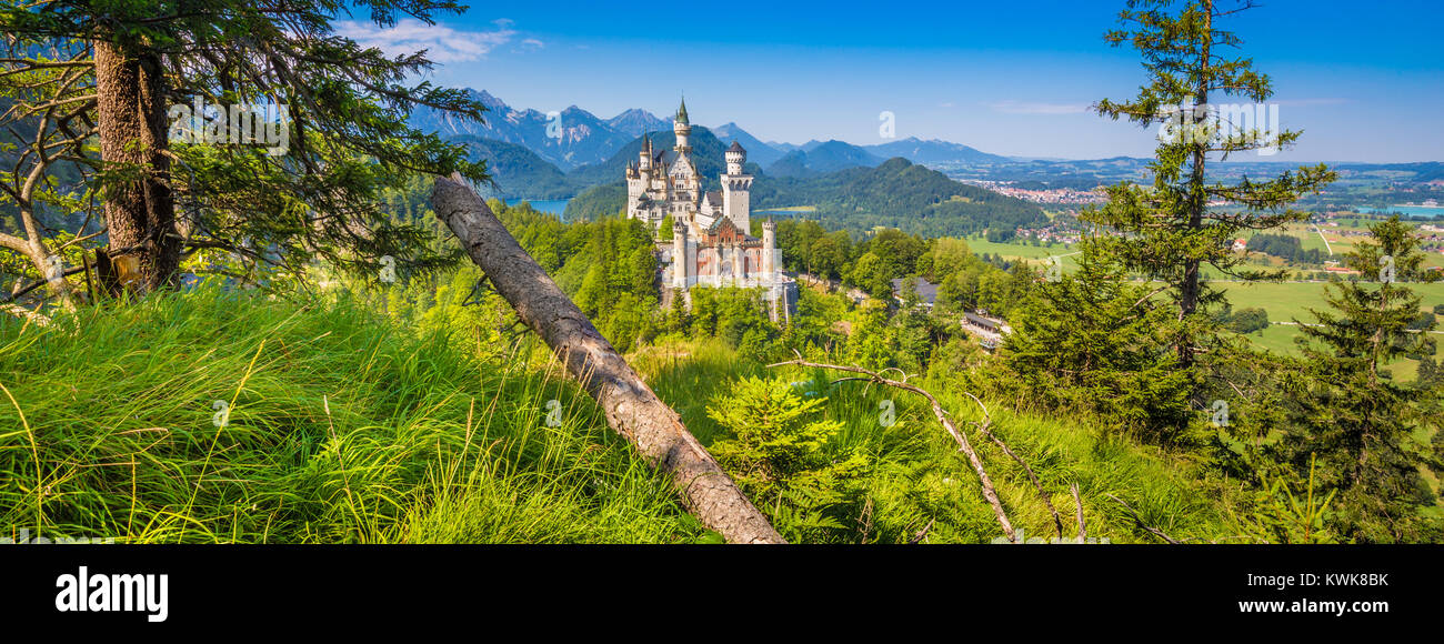 Beautiful view of world-famous Neuschwanstein Castle, the nineteenth-century Romanesque Revival palace built for King Ludwig II on a rugged cliff Stock Photo