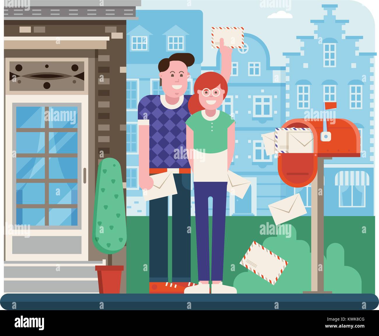 Young couple getting mail from mailbox full of envelopes. Man and woman