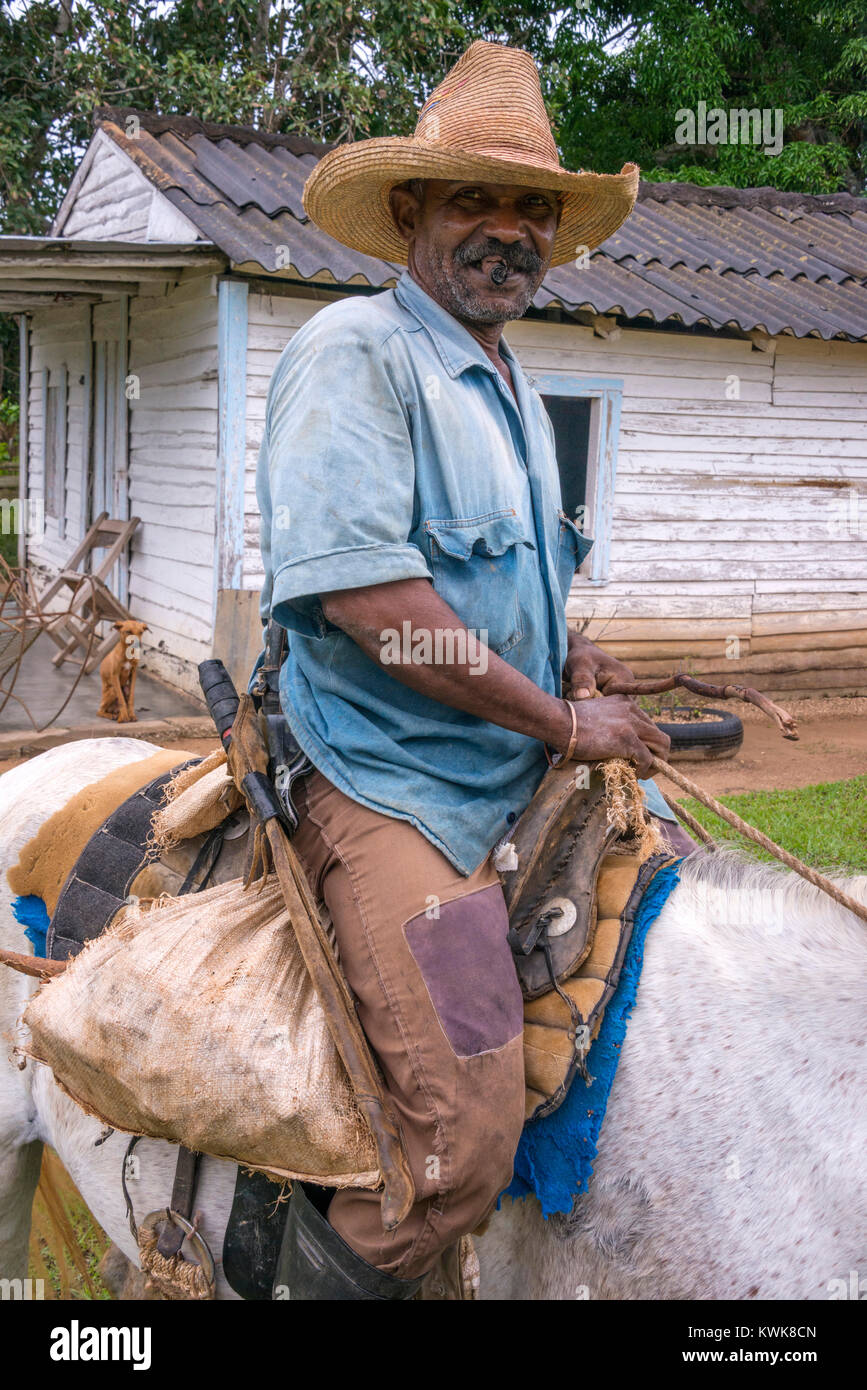 Creole peasant horseback riding in the Pinar del Rio region, Cuba Stock Photo