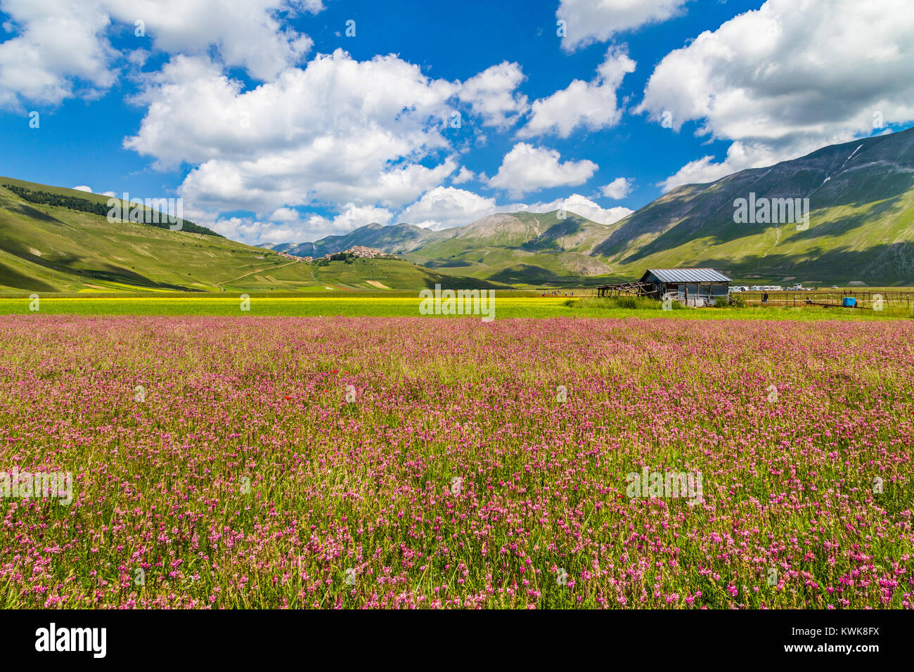 Beautiful summer landscape at Piano Grande (Great Plain) mountain plateau in the Apennine Mountains, Castelluccio di Norcia, Umbria, Italy Stock Photo